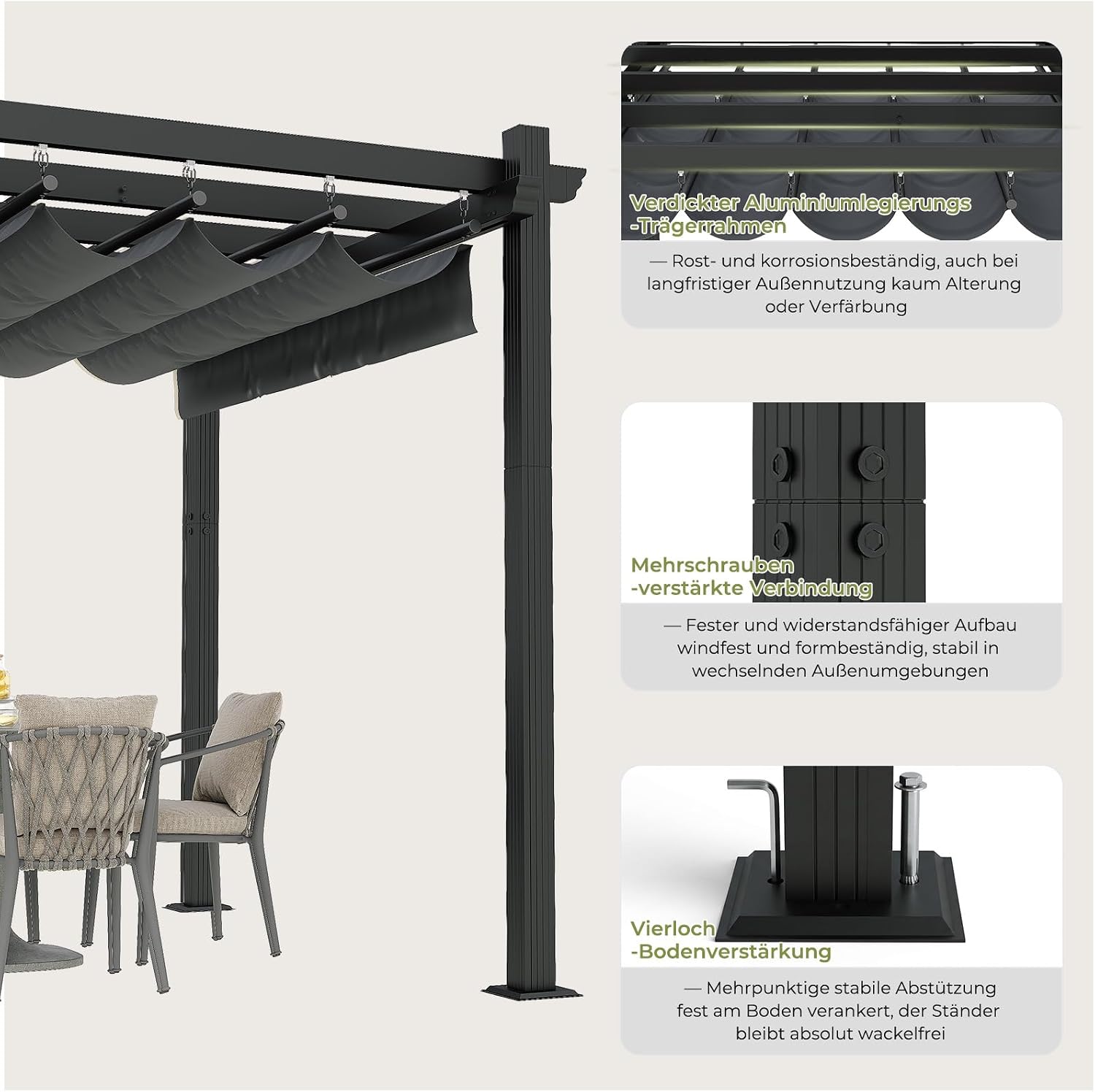 Detalle de TRIUMPHKEY Pergola Pavillon 3x4 m wasserdicht, Aluminium mit Schiebedach – Winterfest, grau