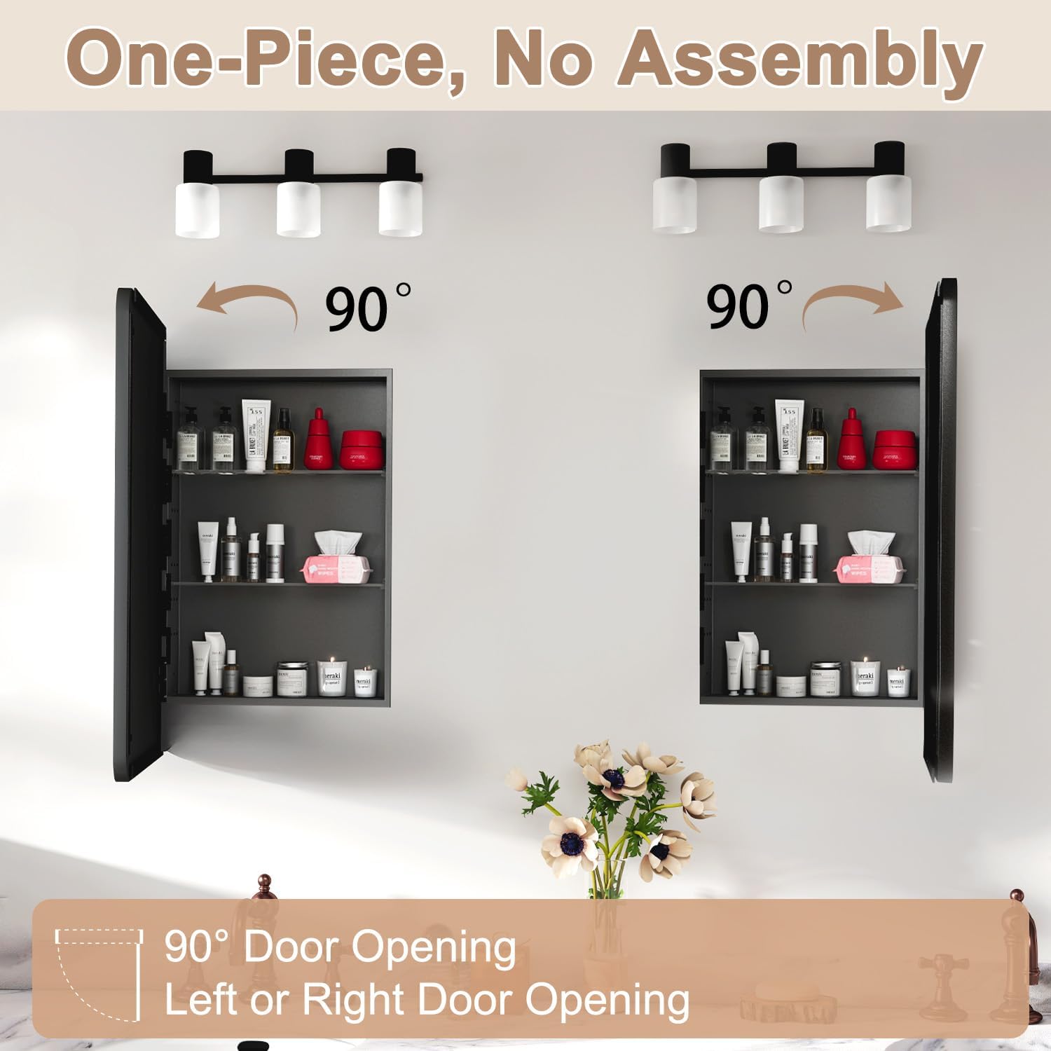 Detalle de Venlus Black Medicine Cabinet with Mirror, 20x28 Inch – Fully Assembled, Recessed or Surface Mount