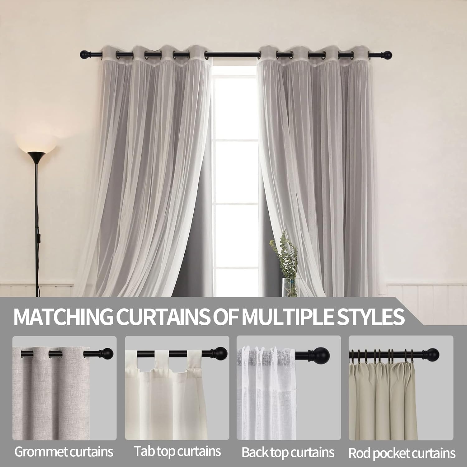 Thumbnail 5 de Thestoa Adjustable Curtain Rods (48 to 84-92 inch) in 5/8" Matte Black Stainless Steel