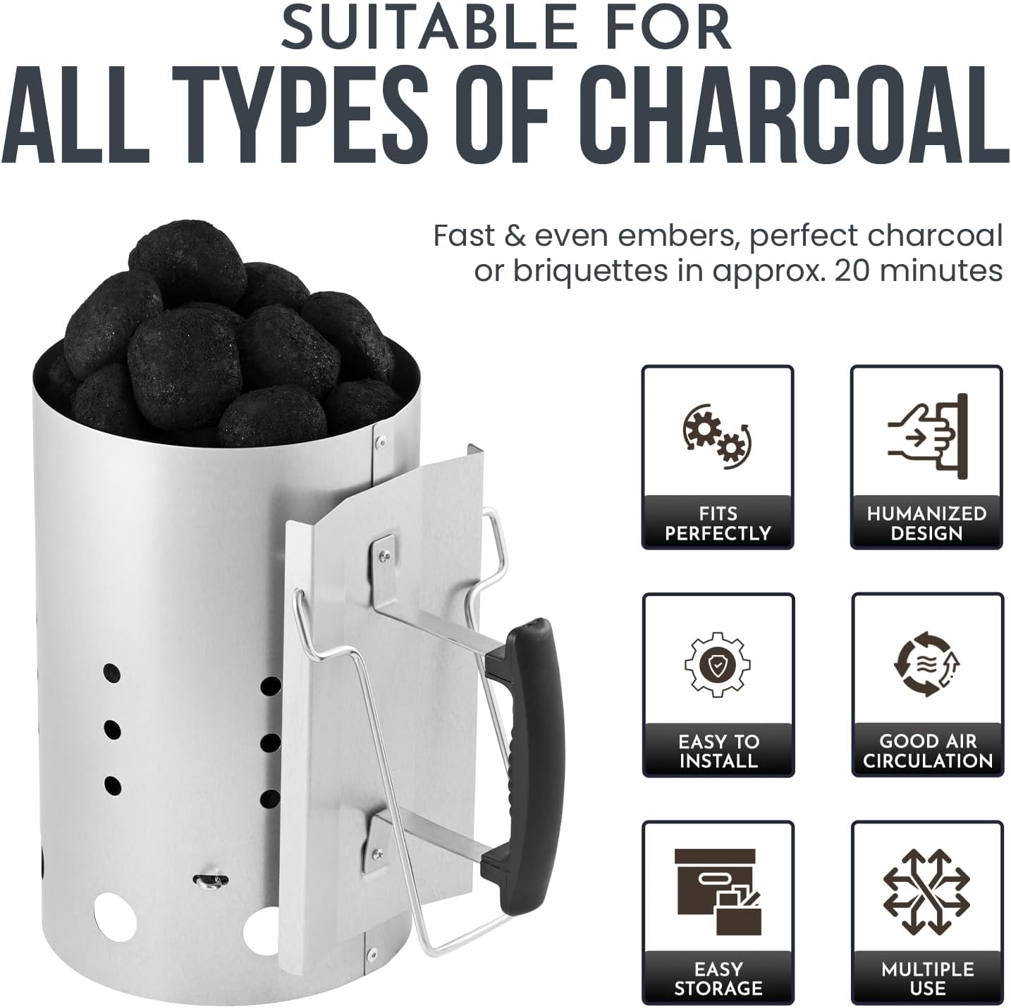 Detalle de SA Products BBQ Chimney Starter – Aluminium Charcoal Lighter Canister with Heat-Insulated Handle