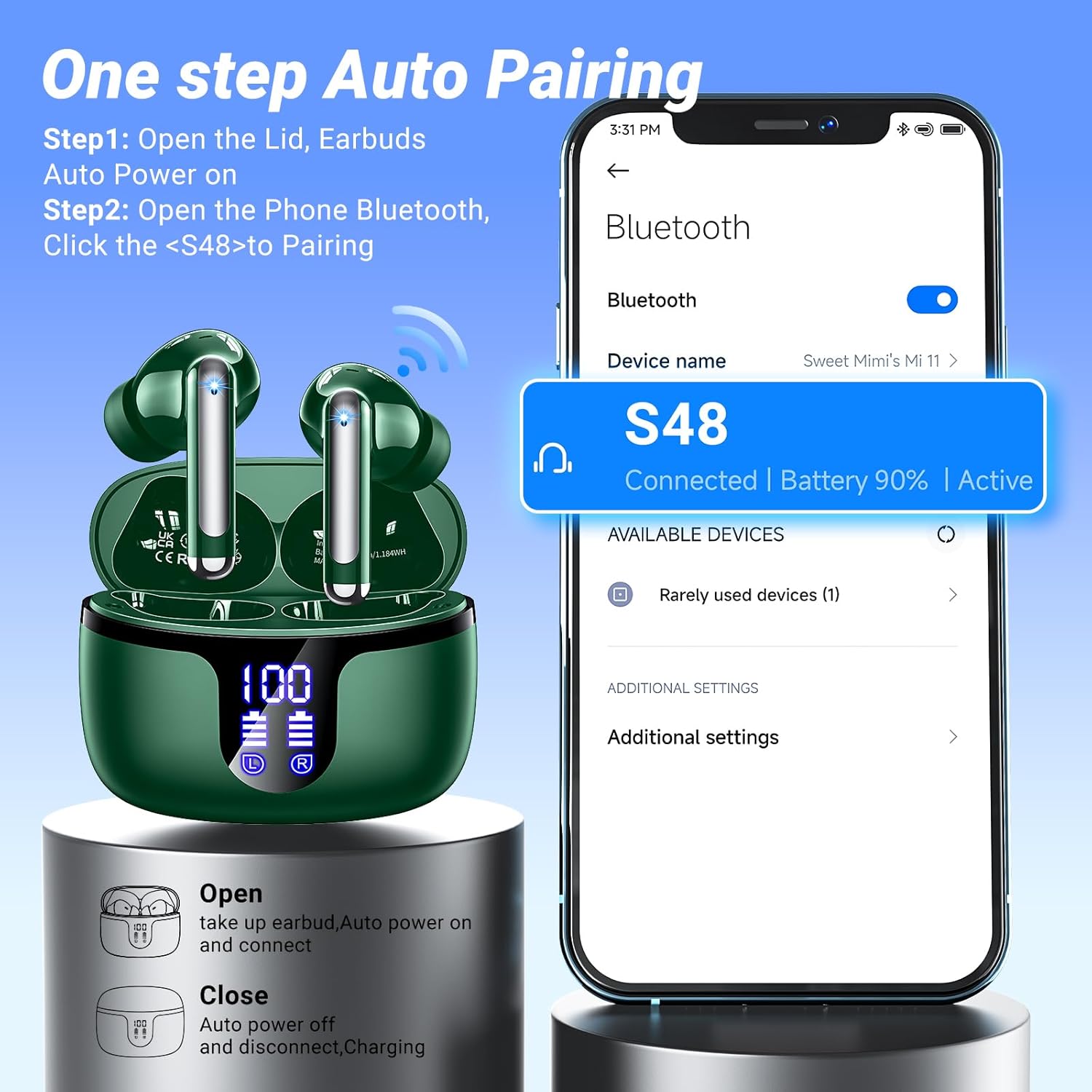 Thumbnail 3 de Wireless Earbuds Bluetooth 5.3 in-ear with 4 ENC Mic, 42h battery, IPX7 waterproof and LED display (Green)