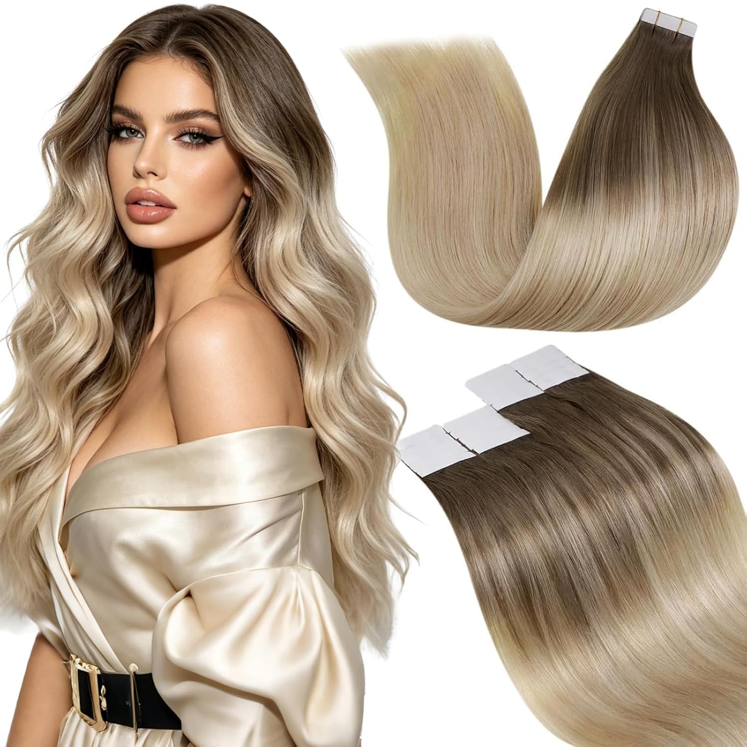 Detalle de LaaVoo Tape Extensions Echthaar Balayage Blondine Ombre Platinblond – 55 cm, 20 Stück