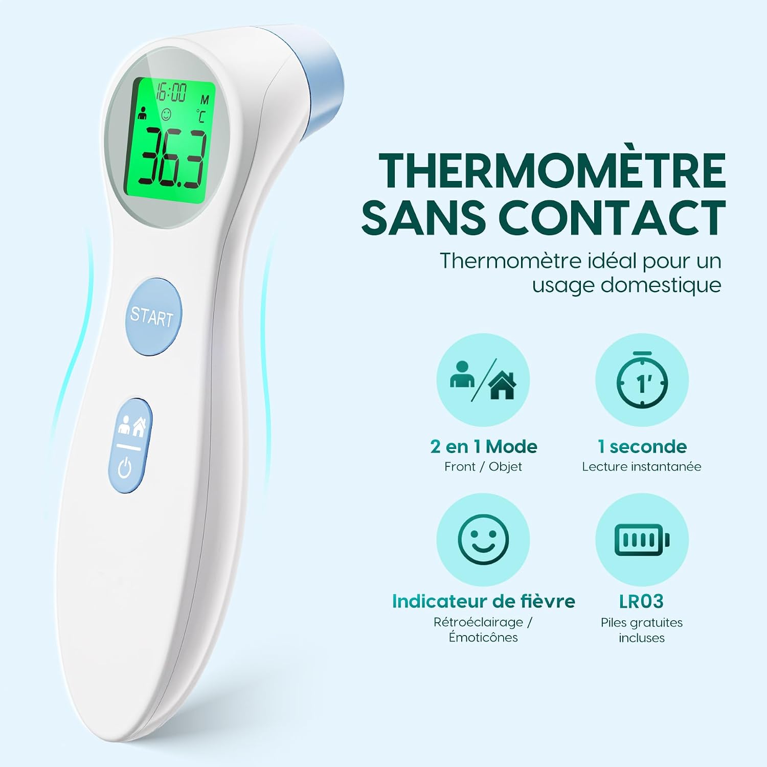Detalle 2 de Thermomètre frontal sans contact 3s pour bébé et adulte 📟