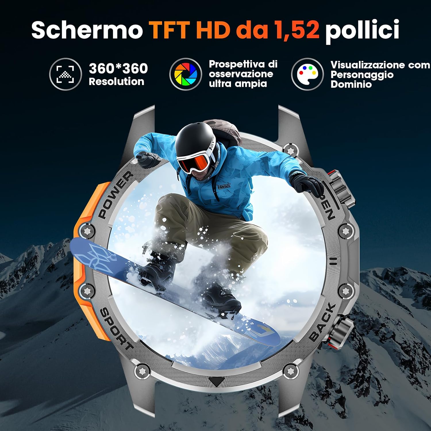 Detalle de Smartwatch Uomo con Torcia Militare 1,52'': stile rugged, 500 mAh e 120+ sport