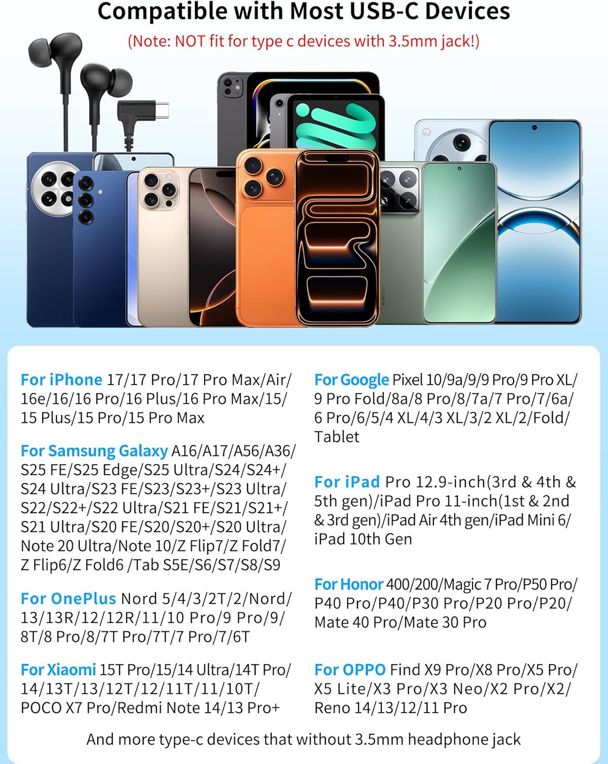 Thumbnail 6 de ACOCOBUY USB-C Earphones with Microphone (Right-Angle Type C Wired Earbuds) for Samsung, iPhone and Pixel – Black