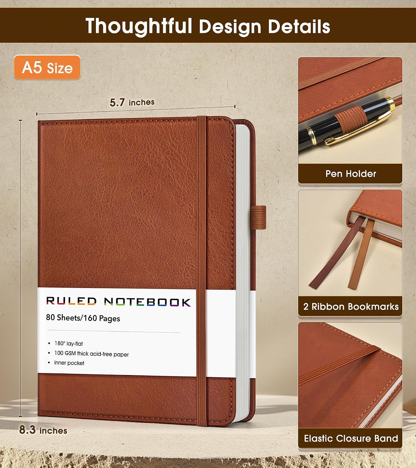 Detalle 2 de KWULP A5 Hardcover Lined Journal, 160 Numbered Pages, Brown Vegan Leather