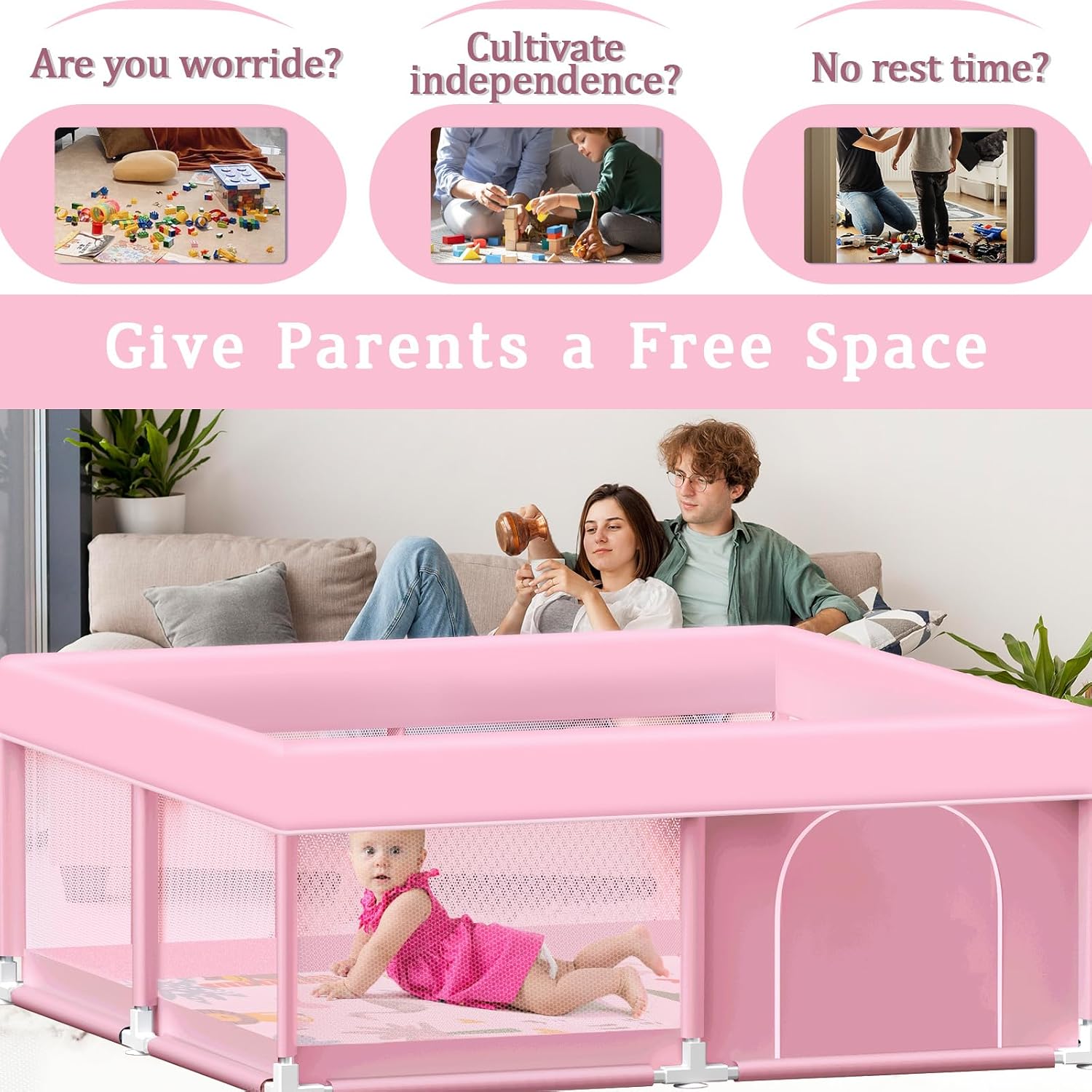 Thumbnail 1 de Jaobeem 50 x 50-Inch Baby Playpen with Waterproof Mat and Mesh Sides
