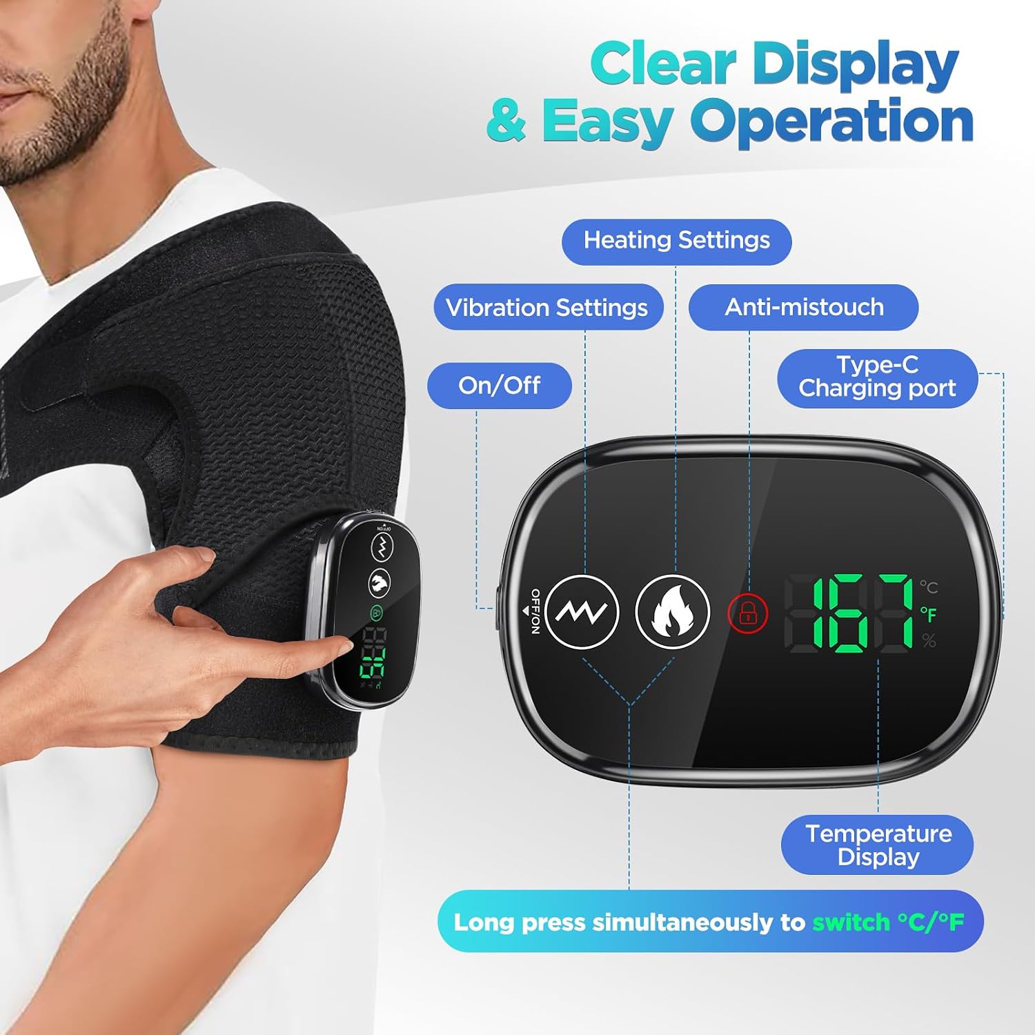 Detalle de Cordless Shoulder Heating Pad and Massager, 5000mAh Battery