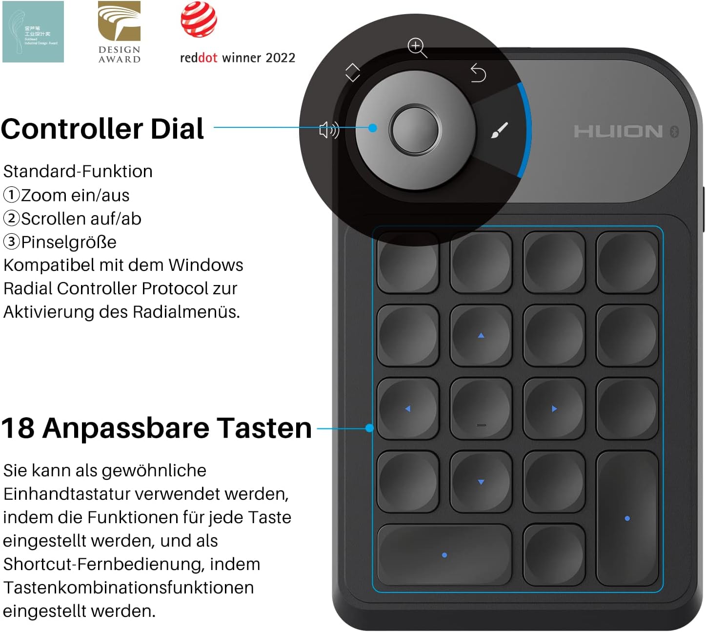 Detalle 2 de HUION Keydial Mini K20 KD100 2.0 Bluetooth Tastatur