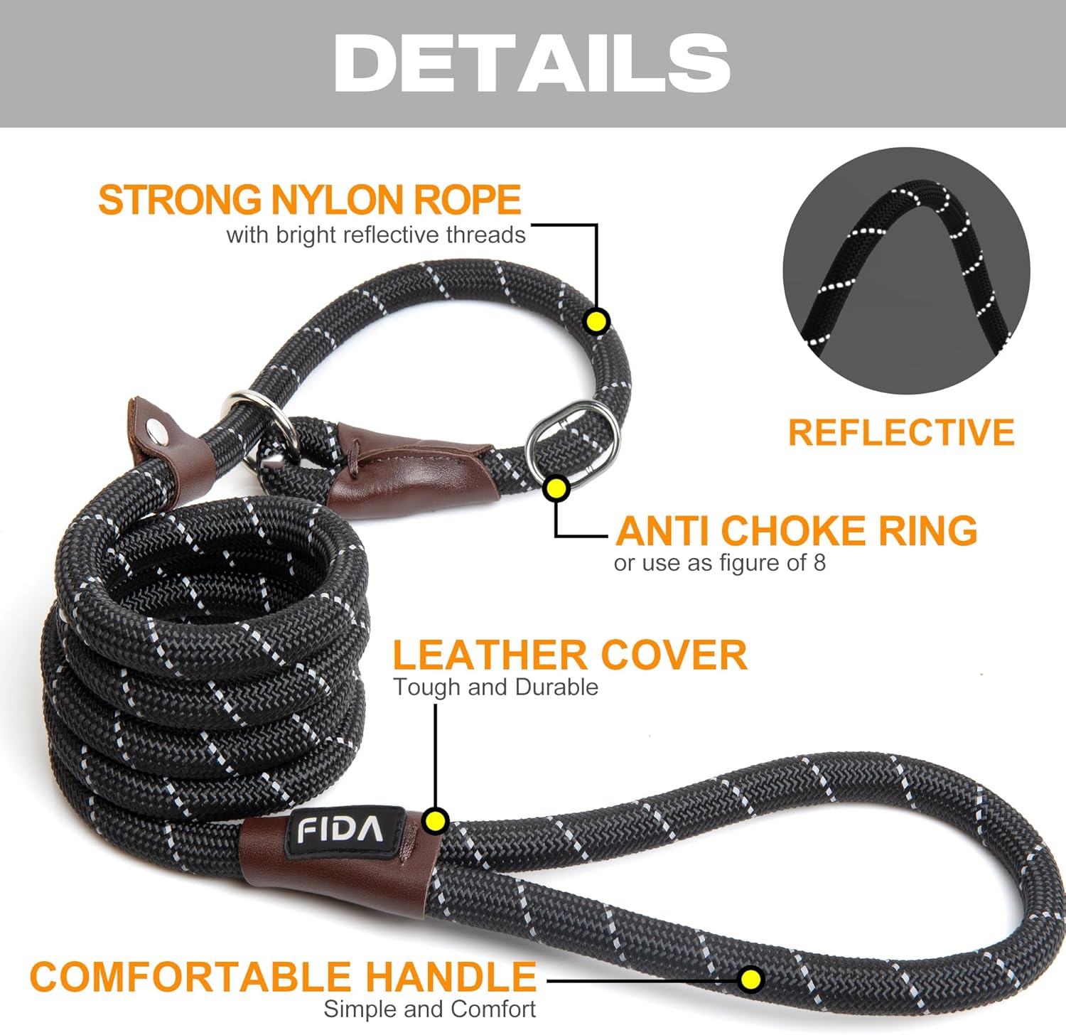 Detalle 2 de Fida Retrieverleine für Hunde – 1,8 m Schlupfleine aus robustem Nylon, reflektierend