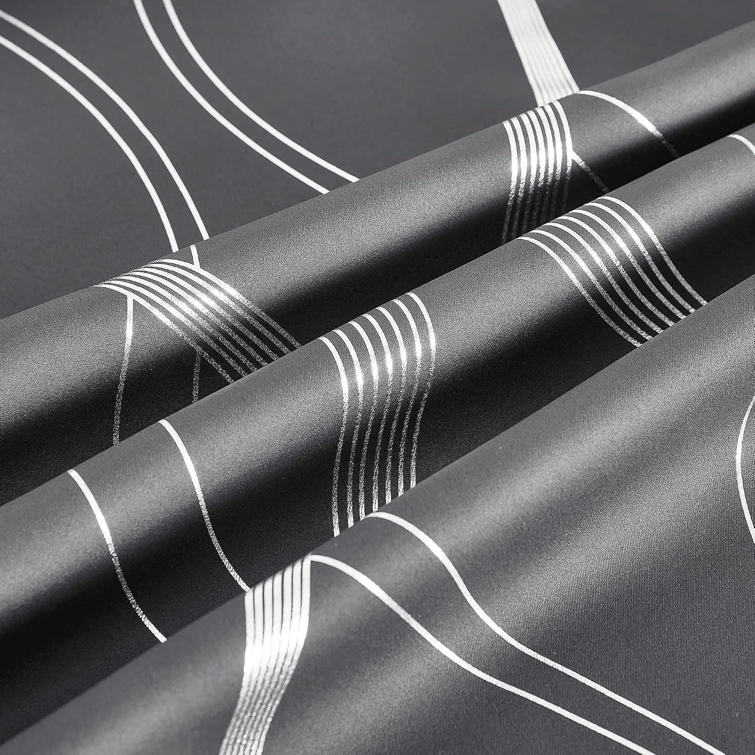 Detalle de PONY DANCE Blackout Curtains (Silver Wave Foil Print) – Grey, 2 Panels, Thermal Insulated Eyelet Ready Made