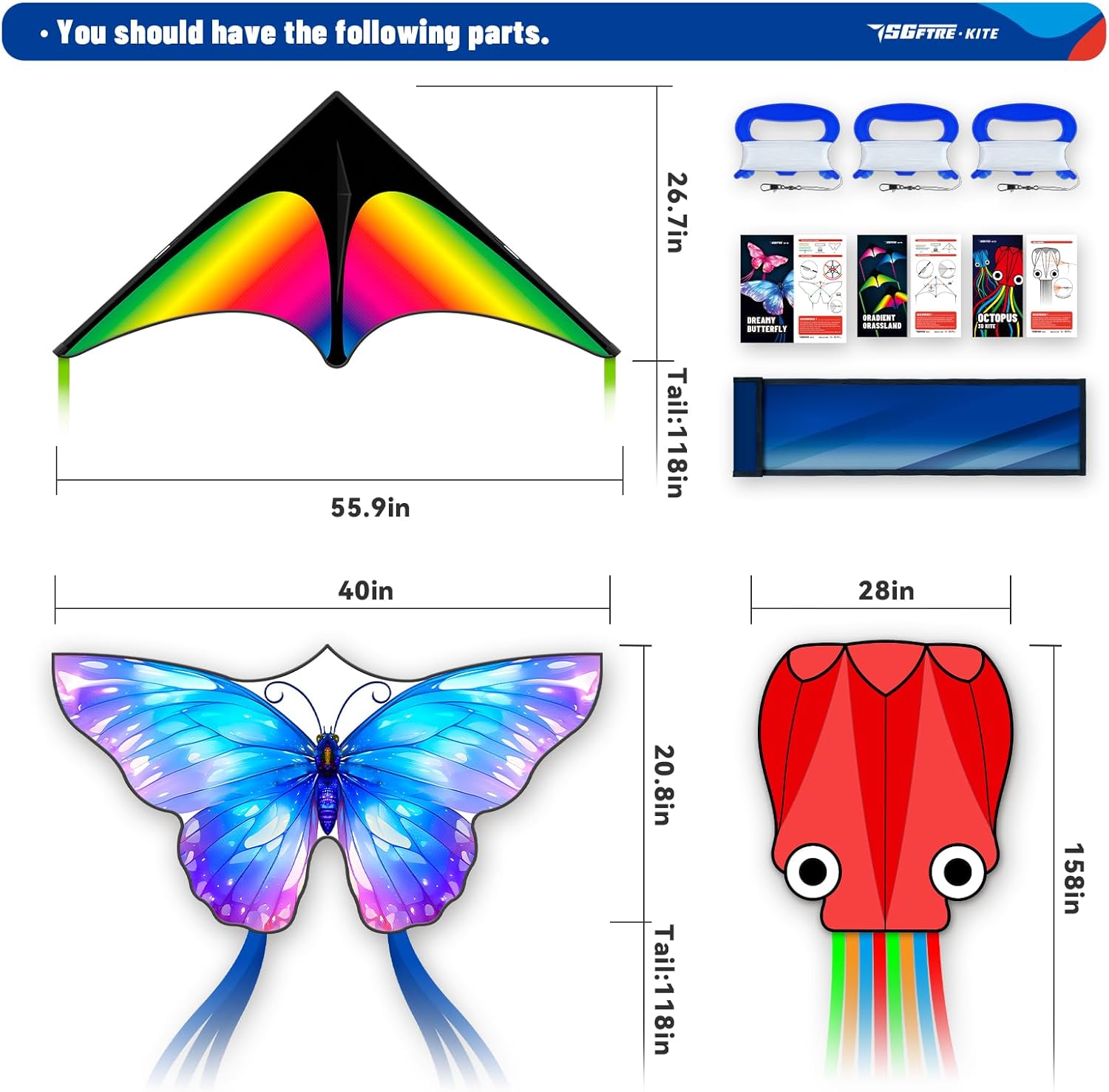 Detalle 2 de SGftre 3-Piece Butterfly, Delta & Octopus Kite Set for Kids and Adults (3 kites)