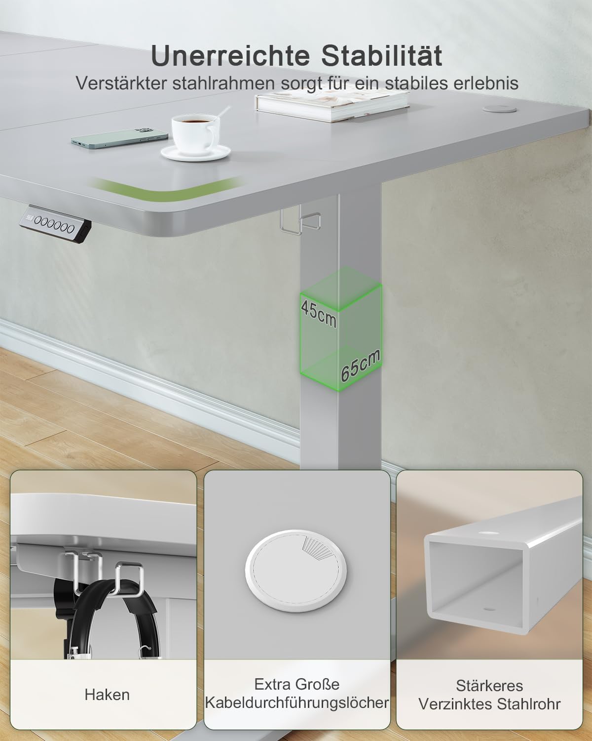 Thumbnail 3 de JUMMICO elektrisch höhenverstellbarer Schreibtisch mit USB-Ladeanschluss, 160 x 70 cm (Grau)