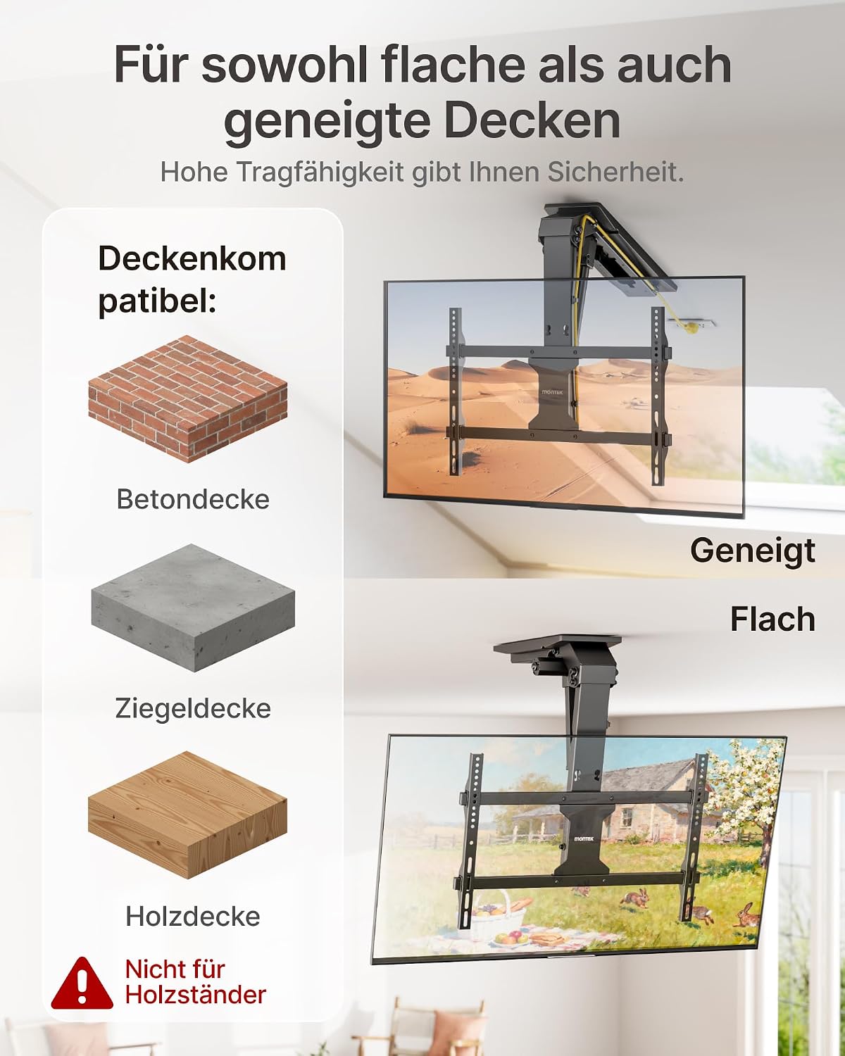 Detalle de monTEK Deckenhalterung elektrisch 37–75 Zoll – Leicht bedienbar, motorisiert, Tragkraft bis 45 kg