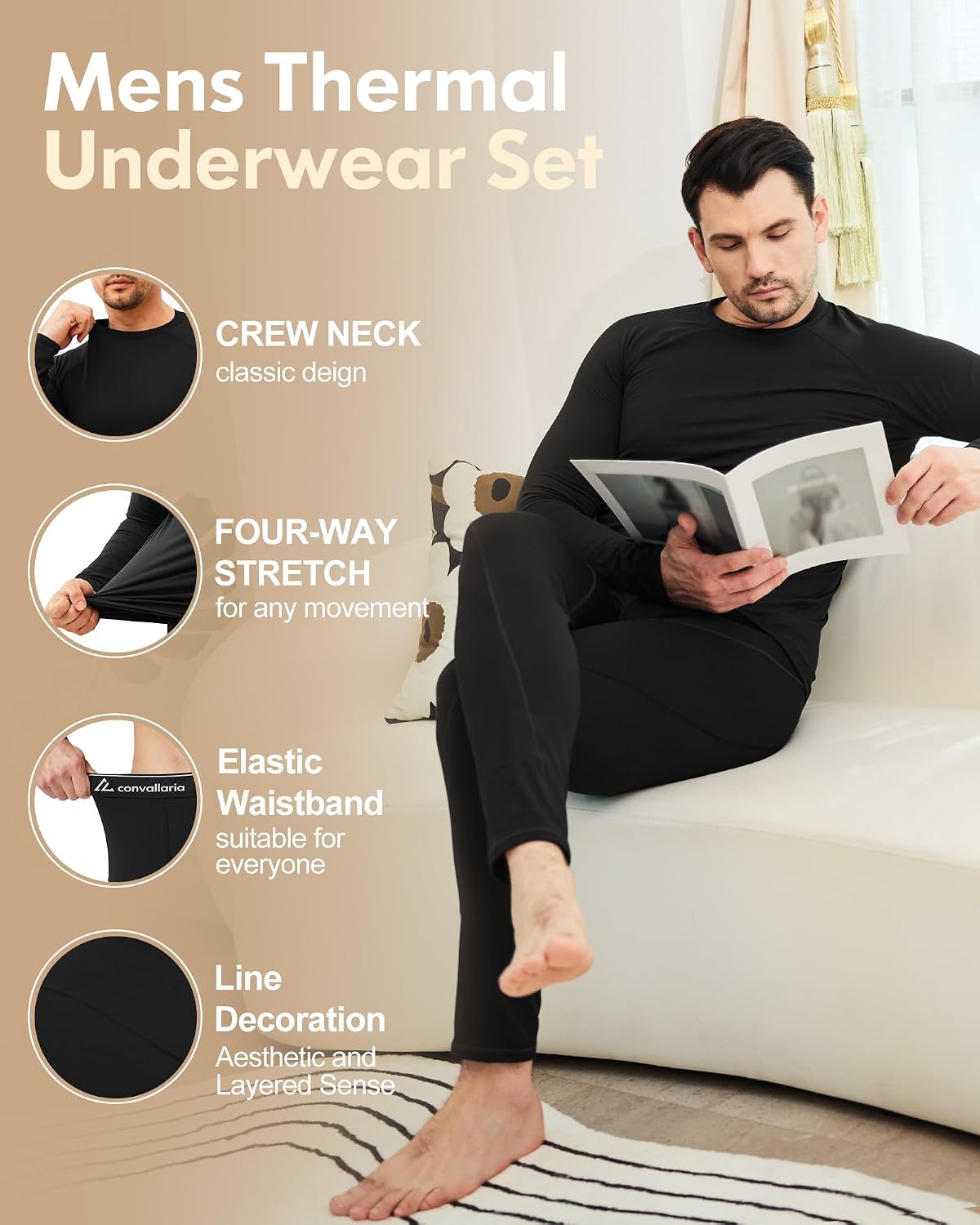 Thumbnail 3 de CL convallaria Men's Thermal Underwear Long Johns Winter Long Sleeve Top And Bottoms Set Mens Base Layers Thermals Inner Wear Ski Gear
CL convallaria Men's Thermal Underwear Long…