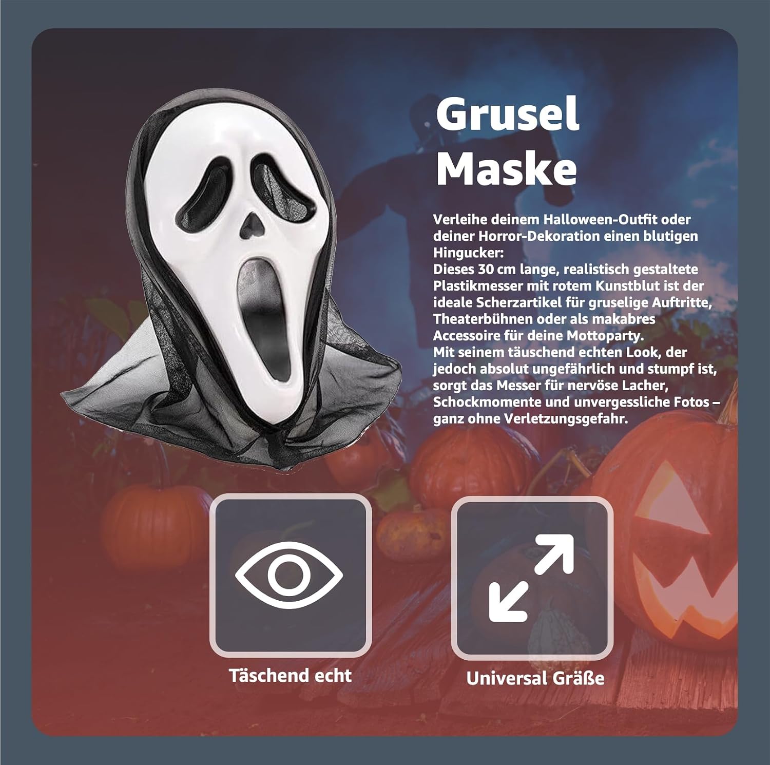 Detalle de TK Gruppe Ghostface-spookmasker met zwarte stof voor Halloween en carnaval