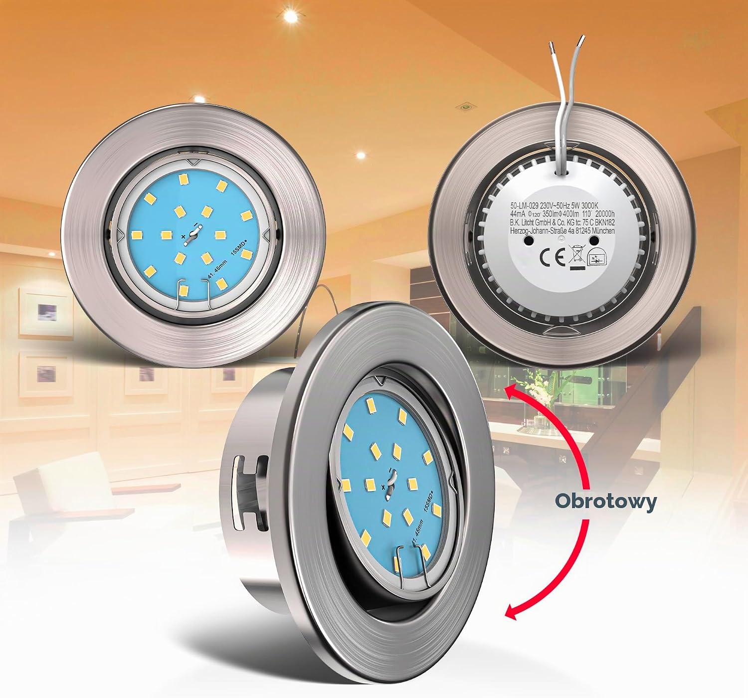Detalle de B.K.Licht zestaw 5 wpuszczanych lamp LED 4,8 W, 3000 K, odchylane