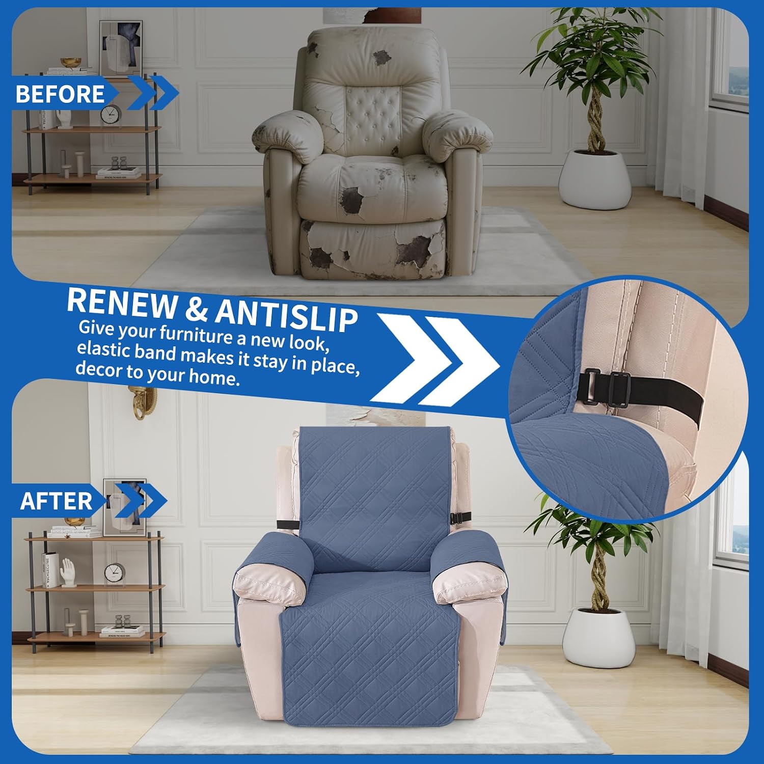 Thumbnail 6 de Housse de Fauteuil Relax Ystyle, Réversible et Anti-Dérapante – 1 Place, Gris-Bleu / Gris Clair