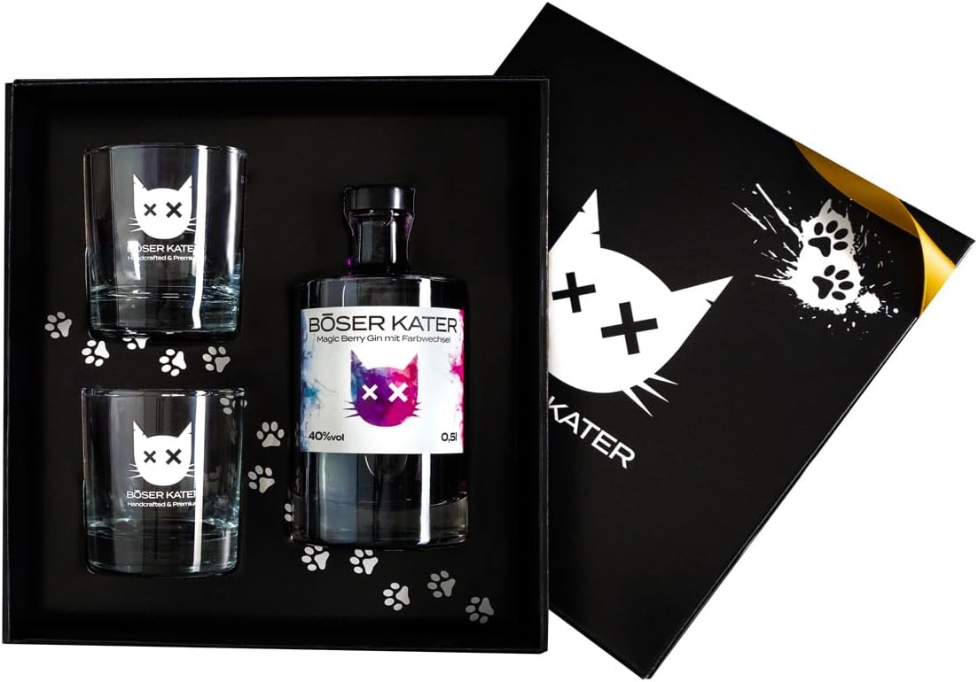 BÖSER KATER Magic Berry Farbwechsel-Gin Geschenkset mit 2 Gläsern (0,5 l, 40% Vol.)