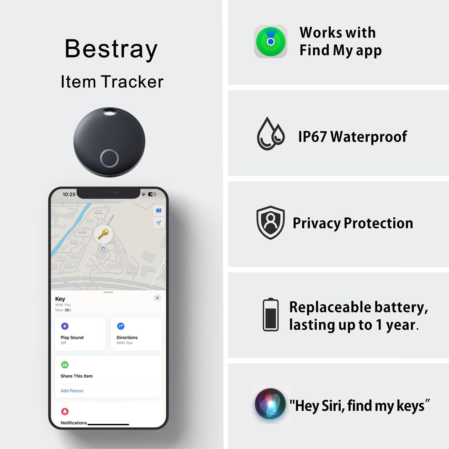 Detalle de Bestray Air Tracker Tags (lot de 2) : trackers intelligents étanches pour clés, sac et portefeuille via l’app Find My
