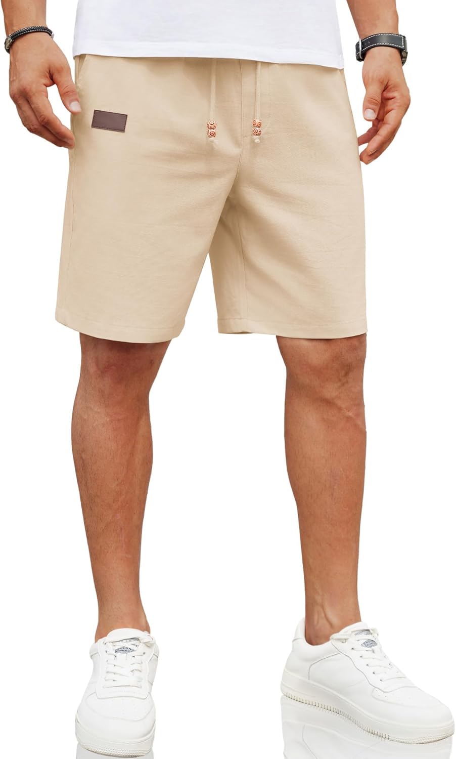 Detalle de COOFANDY Herren Leinen Shorts – Kurze Leinenhosen mit Gummibund und Bohemian-Detail