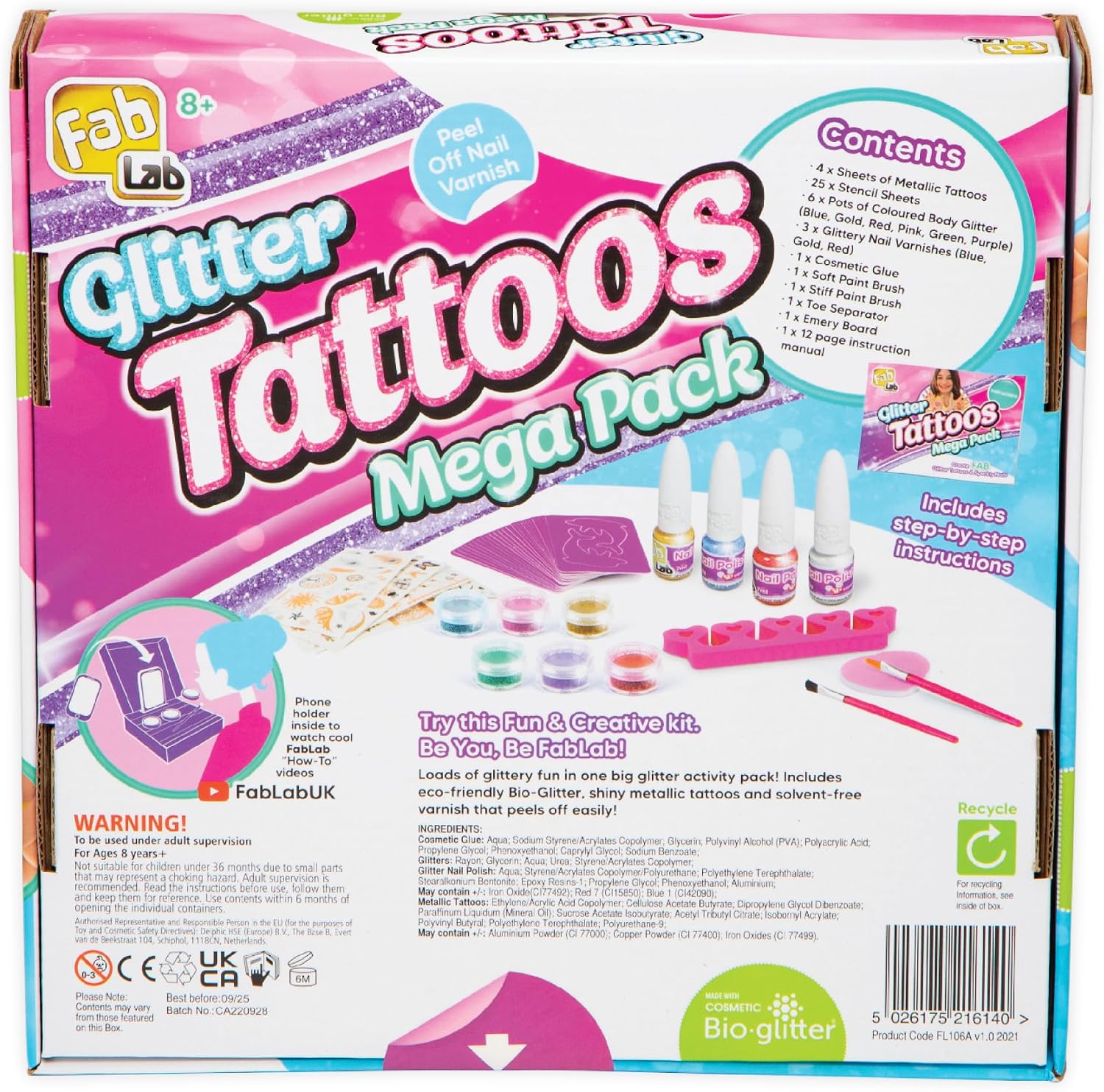 Detalle de FabLab Glitter Tattoos Mega Pack: 28 Stencils and 120 Metallic Tattoos for Sparkly Kids Fun