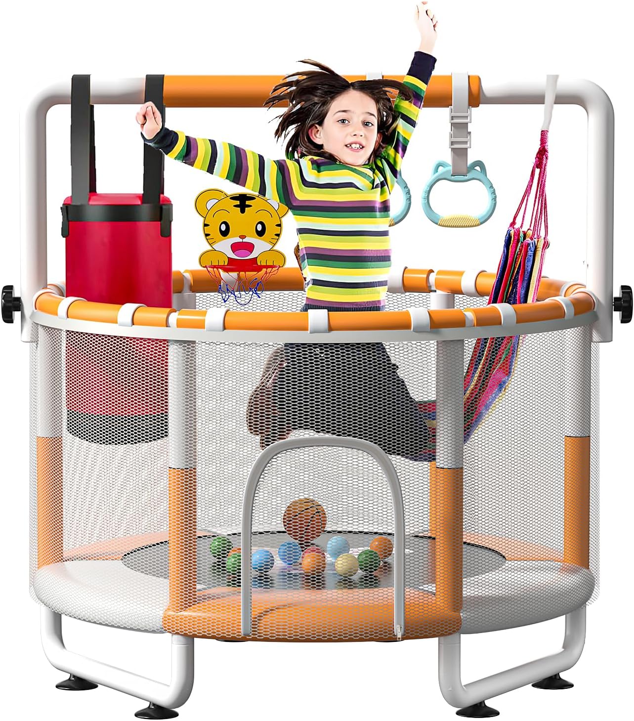 Thumbnail 6 de KINETRA 55" Kids Indoor Trampoline with Safety Net, Adjustable Gymnastics Bar & Toys (Ages 3+)