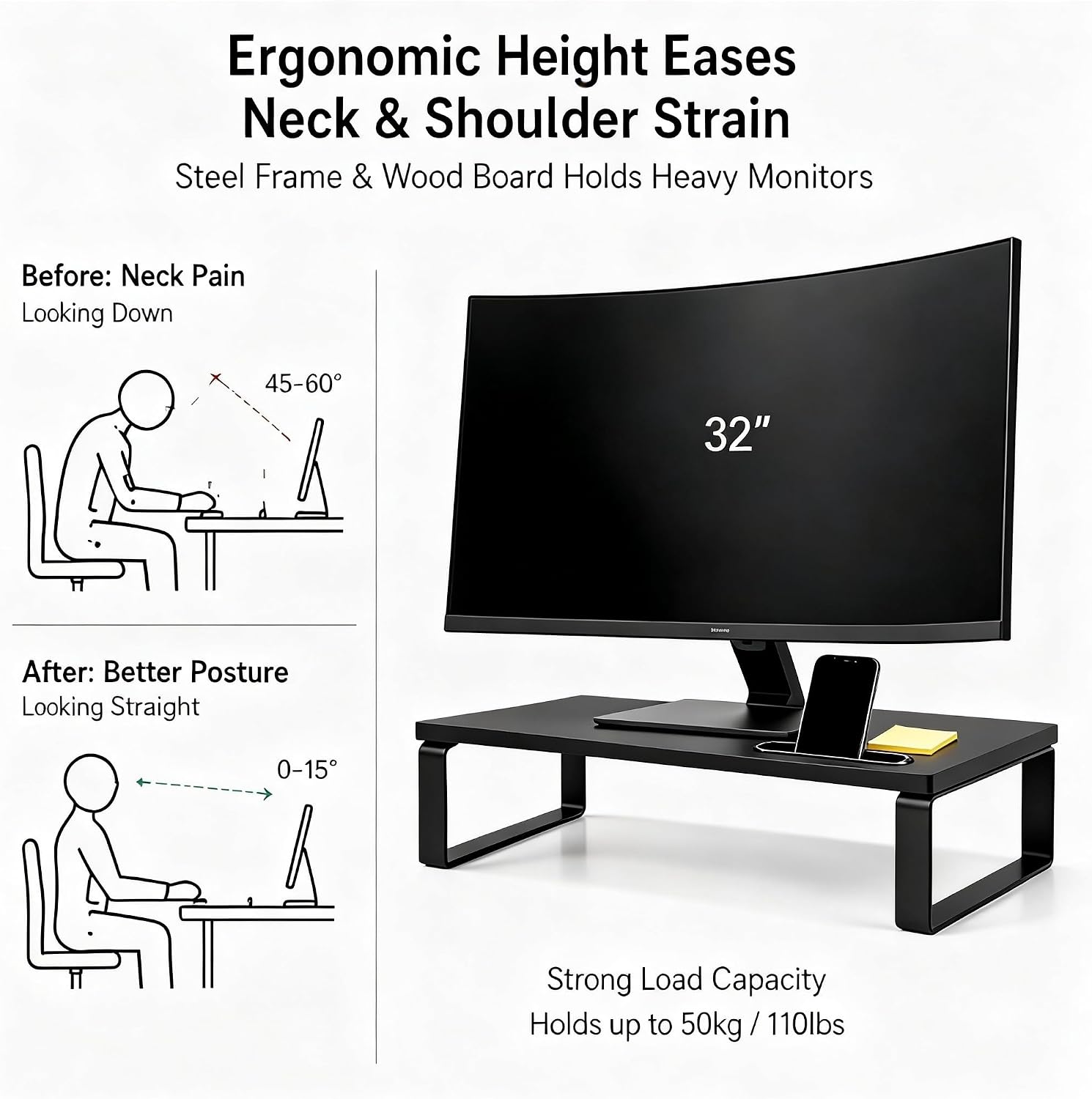 Detalle 2 de DOMSHOCT Monitor Stand Riser with Phone Holder — 40 x 24 cm, 50 kg Load, Black