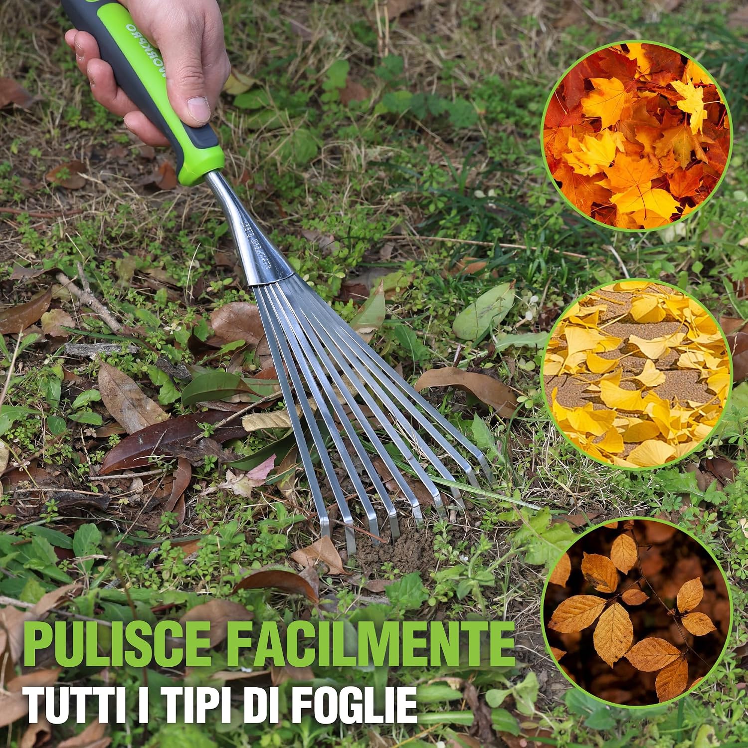 Detalle de WORKPRO Rastrello a mano 41 cm per foglie con 9 denti in acciaio inox e impugnatura ergonomica