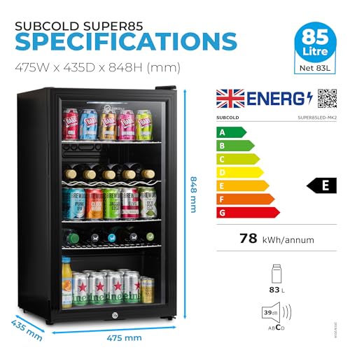 Detalle de Subcold Super85 LED Beer Fridge — 80 Cans + 5 Bottles, 0–18°C, Glass Door