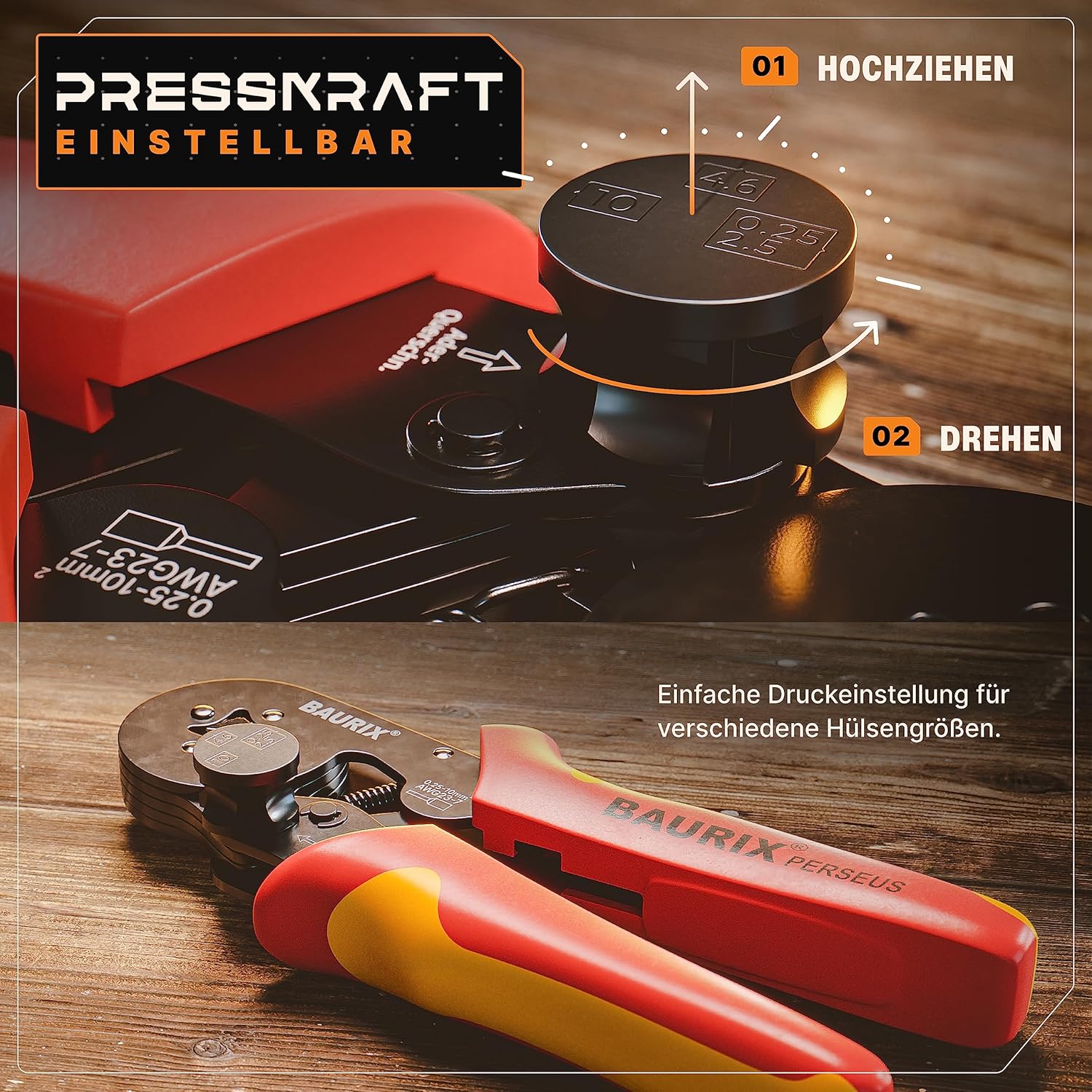 Thumbnail 4 de BAURIX Crimpzange mit 2000 Aderendhülsen Set – Ergonomische Aderendhülsenzange mit Kraftregler für 0,25–10 mm² (PERSEUS 4-Kant)