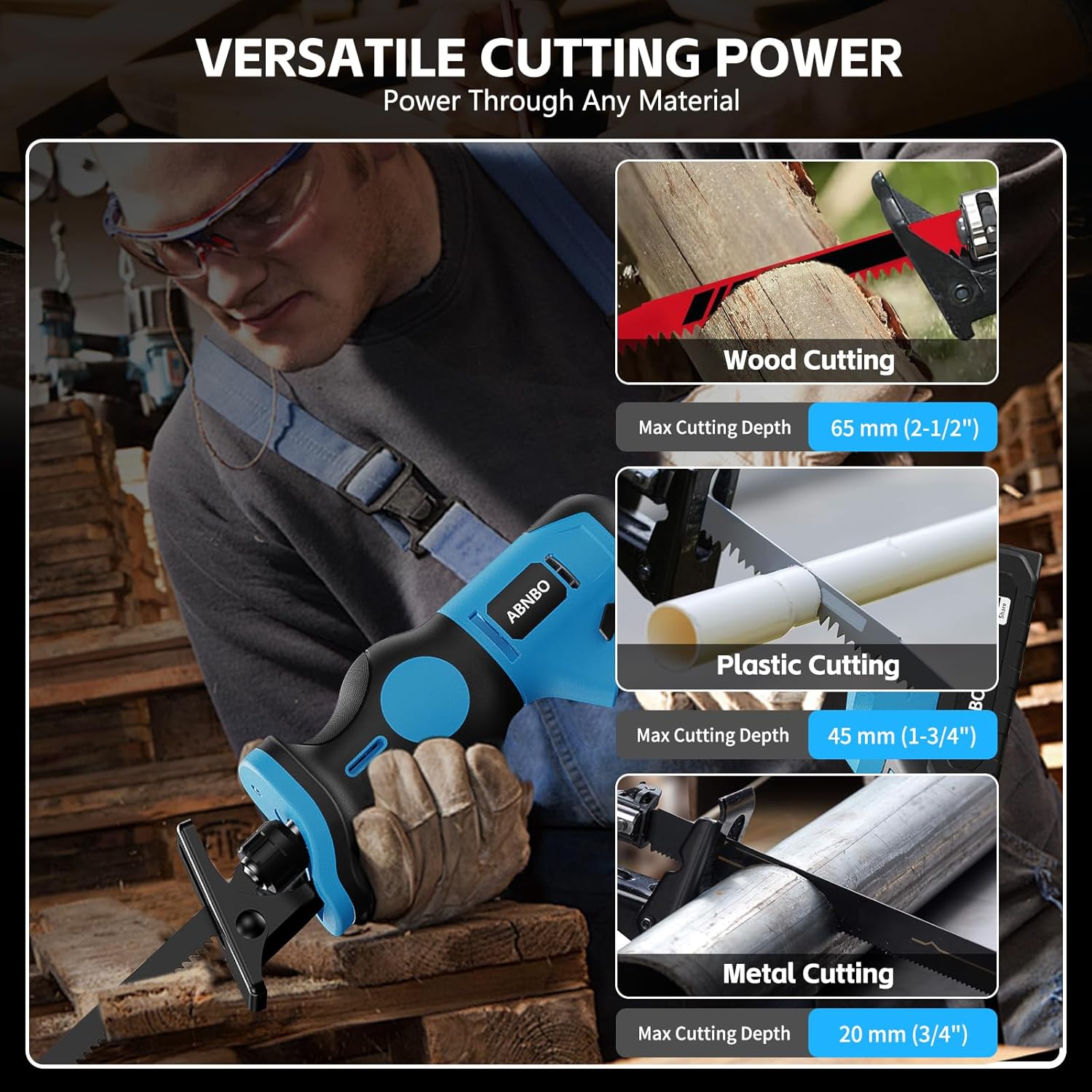 Detalle de ABNBO 20V Brushless Cordless Reciprocating Saw Kit with Tool-Free Blade Change (2 x 2.0Ah batteries)