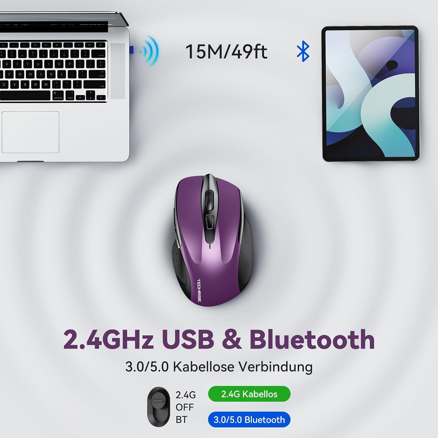 Detalle de TechRise Bluetooth Maus (BT 5.0/3.0 + 2.4G) mit USB-A Empfänger, 4800 DPI, lila – wiederaufladbar, leise