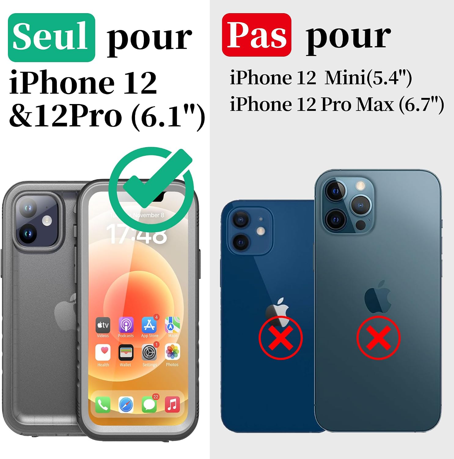 Thumbnail 1 de Cozycase coque étanche antichoc IP68 pour iPhone 12 / 12 Pro (bumper + housse intégrale, protection écran et appareil photo)