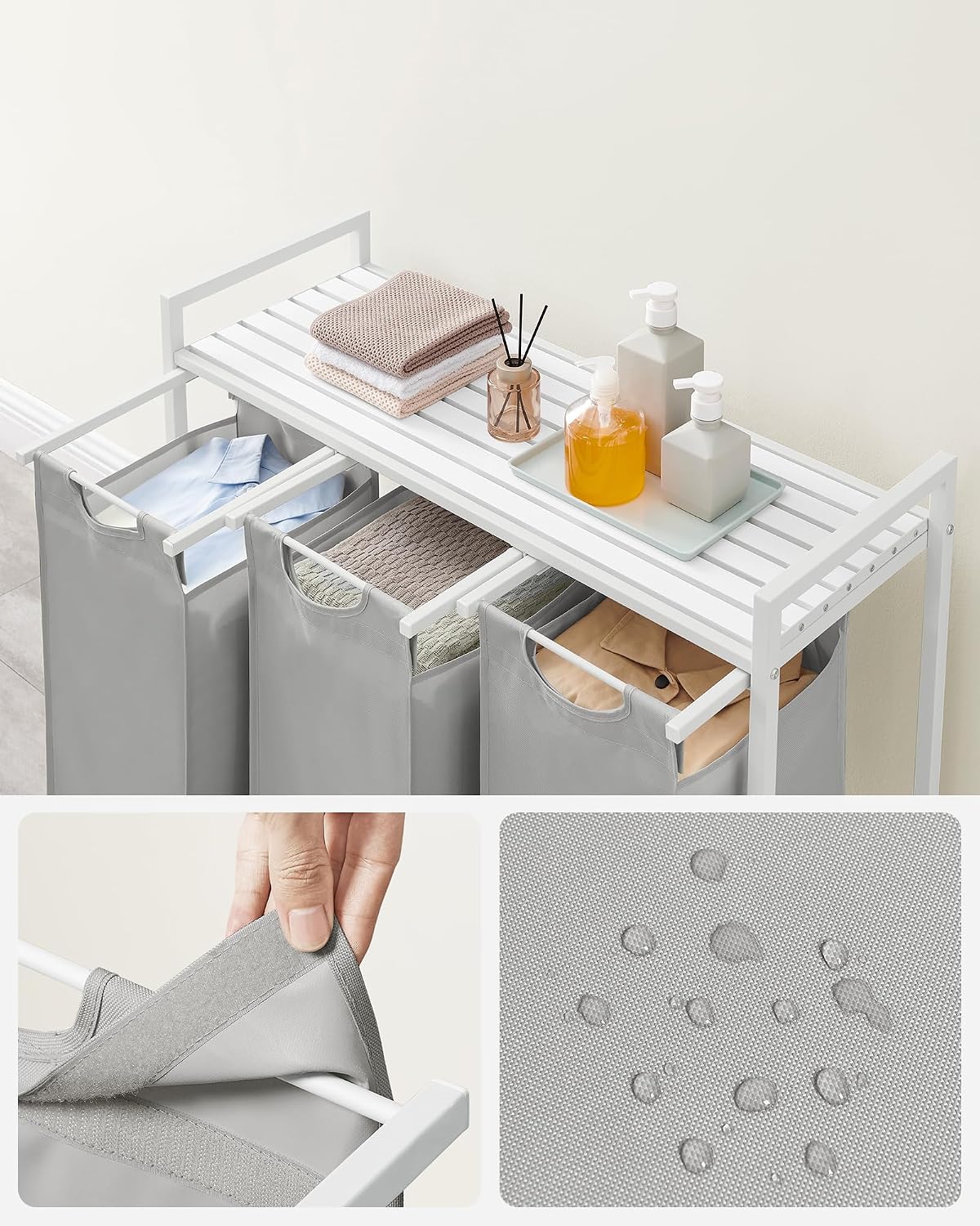 Detalle 2 de VASAGLE BRENTA BLH301W03 – kosz na pranie 120 l z 3 komorami i półką