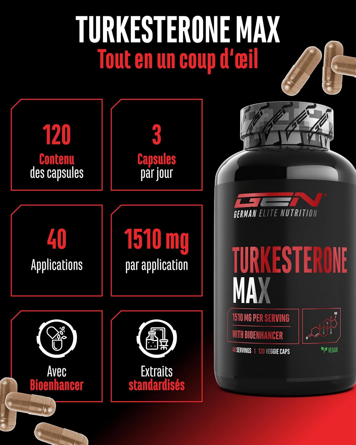 Detalle de Turkesteron Max GEN GERMAN ELITE NUTRITION – 120 capsules (1510 mg par portion journalière, vegan)