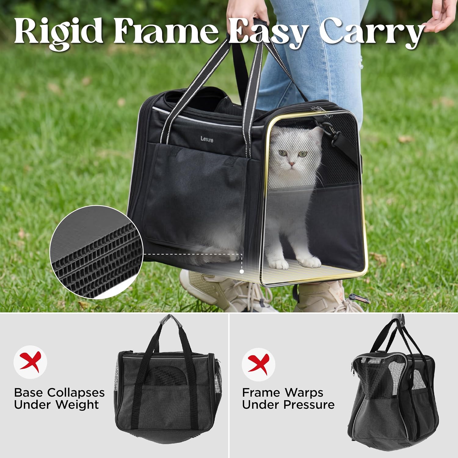 Detalle 2 de Lesure Foldable Cat Carrier for Travel – Stable Soft Sided Carrier with Mesh, 43.5x29.5x34cm (Black)