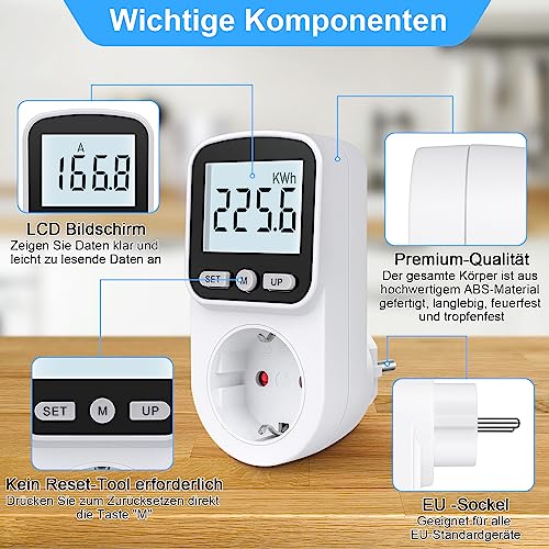 Detalle 2 de MECHEER Stromzähler Steckdose – 8 Modi, Großes LCD, Hintergrundbeleuchtung, Energieverbrauchsmesser