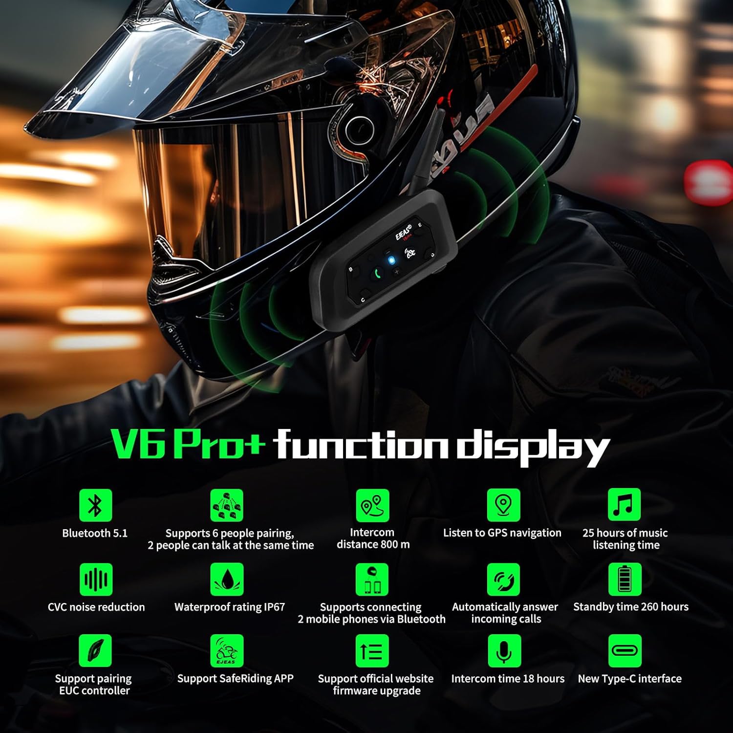 Detalle de EJEAS V6 Pro+ Motorcycle Helmet Bluetooth Intercom (2 Pack) – 6‑User, 5.1 Bluetooth, Type‑C