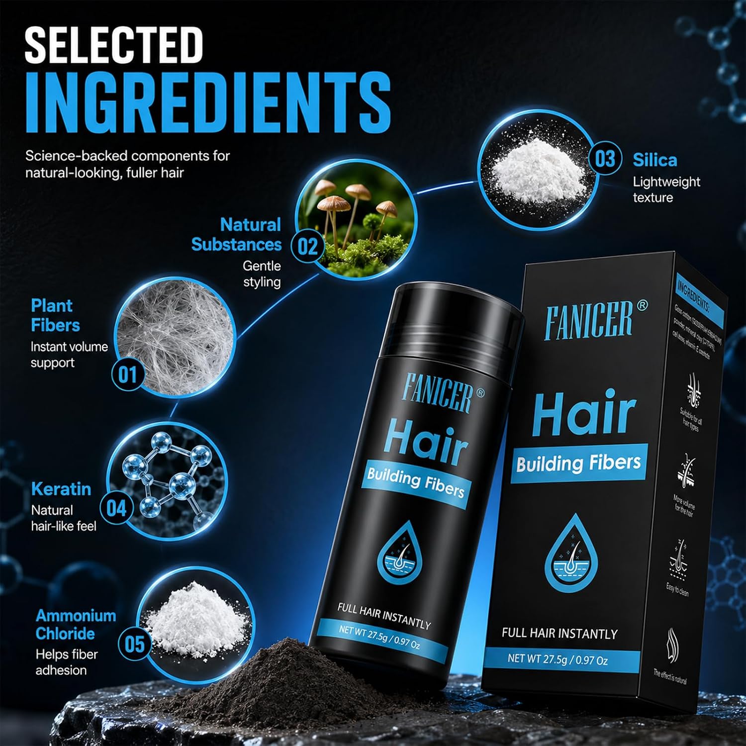Detalle de Fibres Capillaires Densifiantes, Poudre De Coiffage – Noir