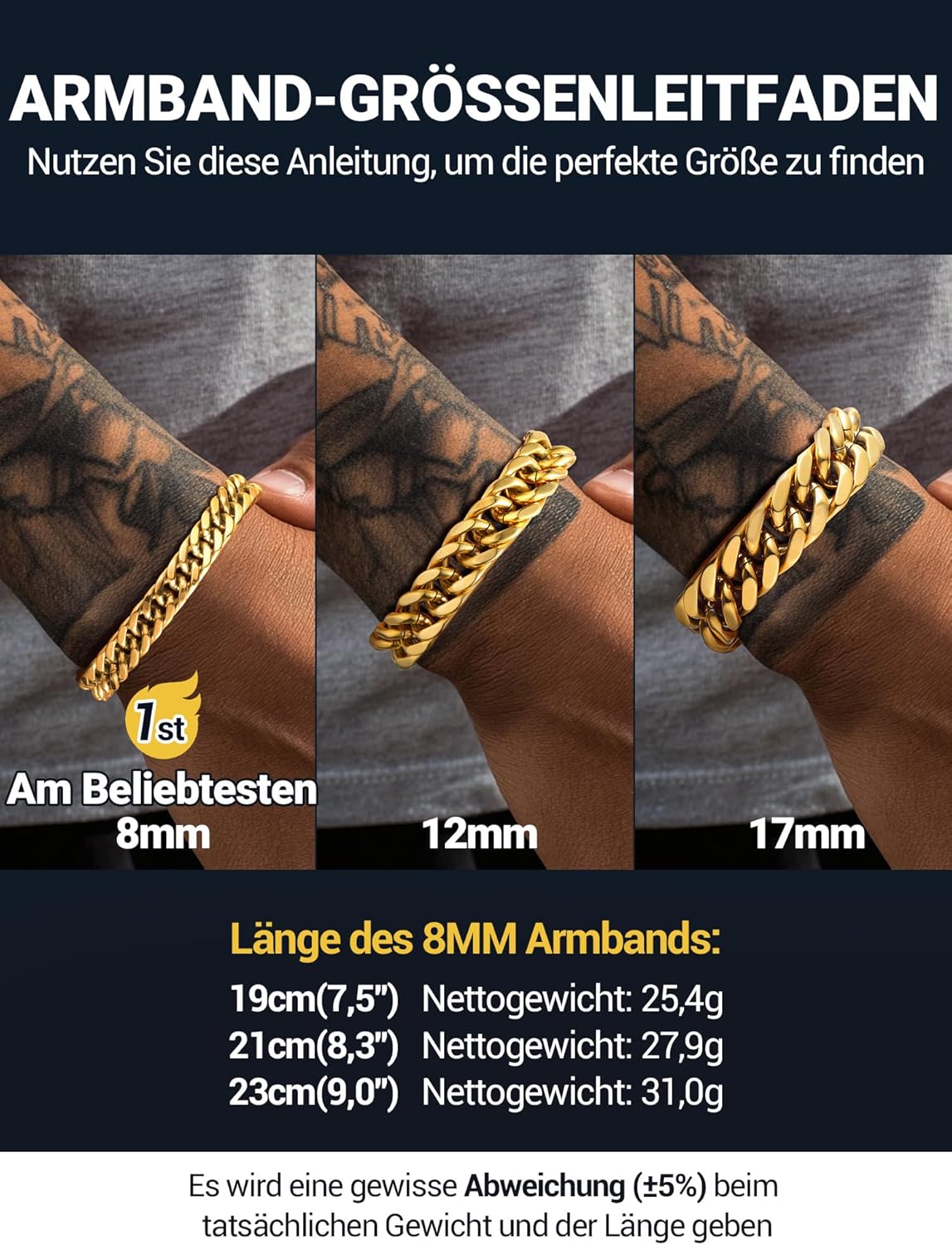 Thumbnail 2 de PROSTEEL Herren Armband: Edelstahl mit 18K Vergoldung, Panzerkette, 8 mm Breite (19/21/23 cm) – robuster Modeschmuck
