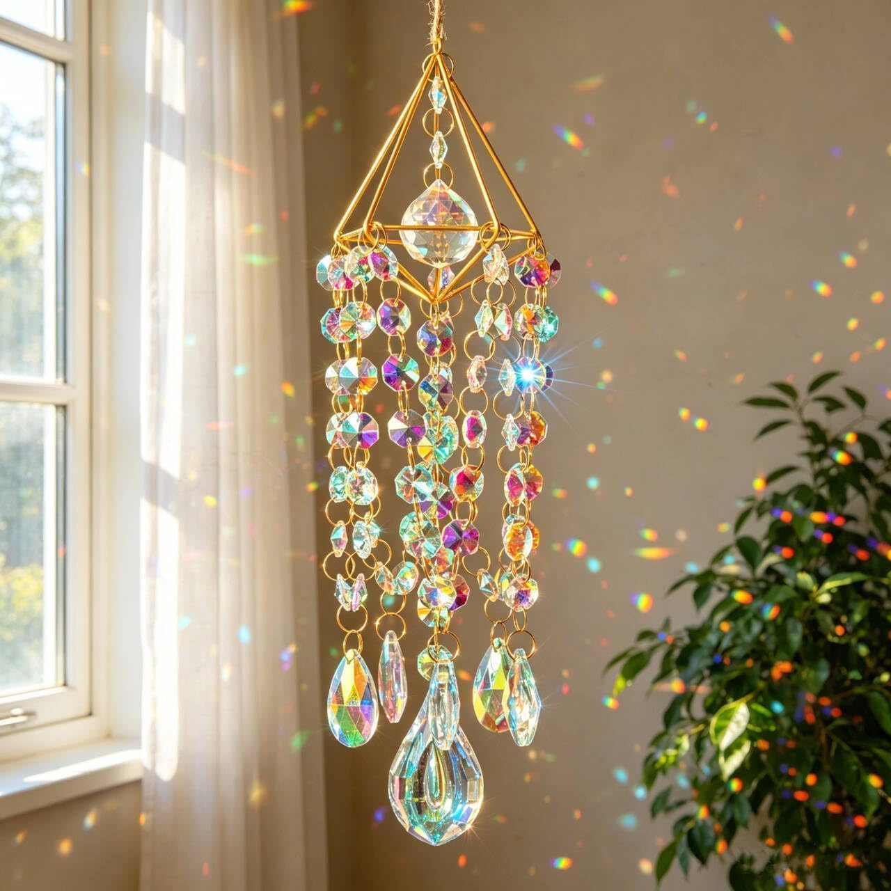 Detalle de HDCRYSTALGIFTS Crystal Suncatcher with K9 Prisms and Gold-Plated Metal