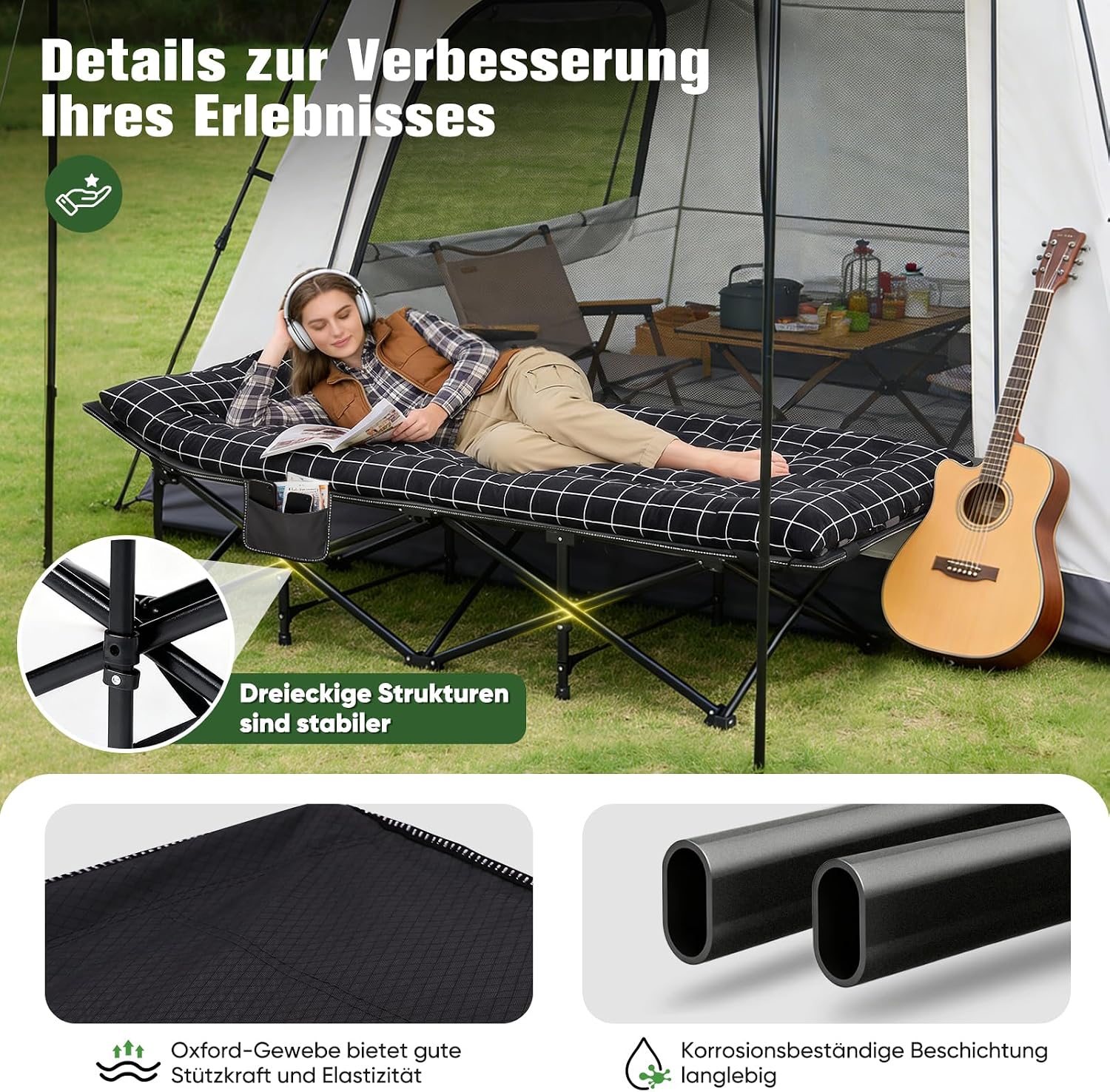 Detalle 2 de Sekey Feldbett Klappbar XXL 190 × 71 × 35 cm mit Matratze – Campingbett mit stabilem Stahlrahmen