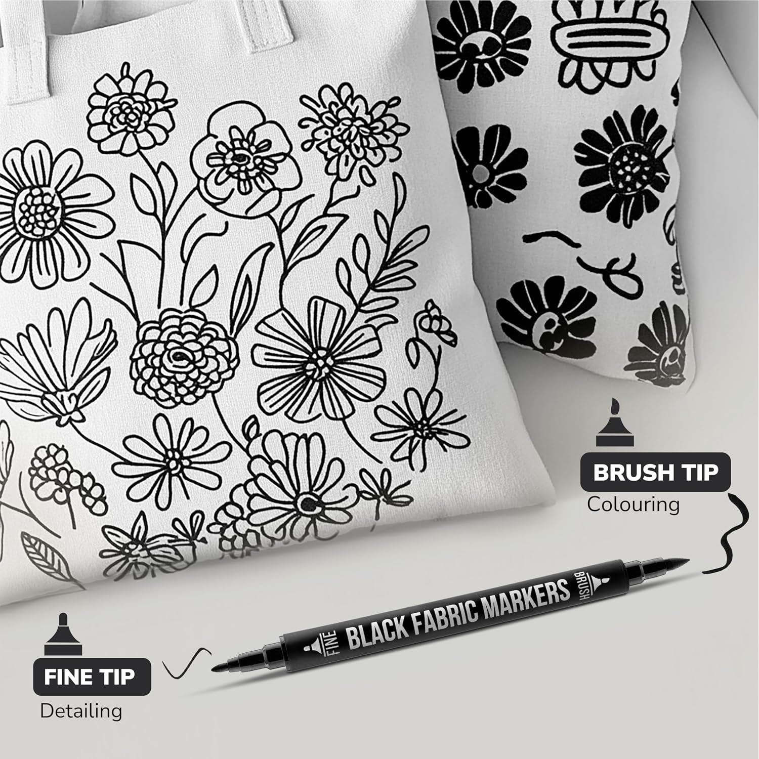 Detalle 2 de Zenacolor Permanent Black Fabric Markers, 5-Pack with Dual Tips