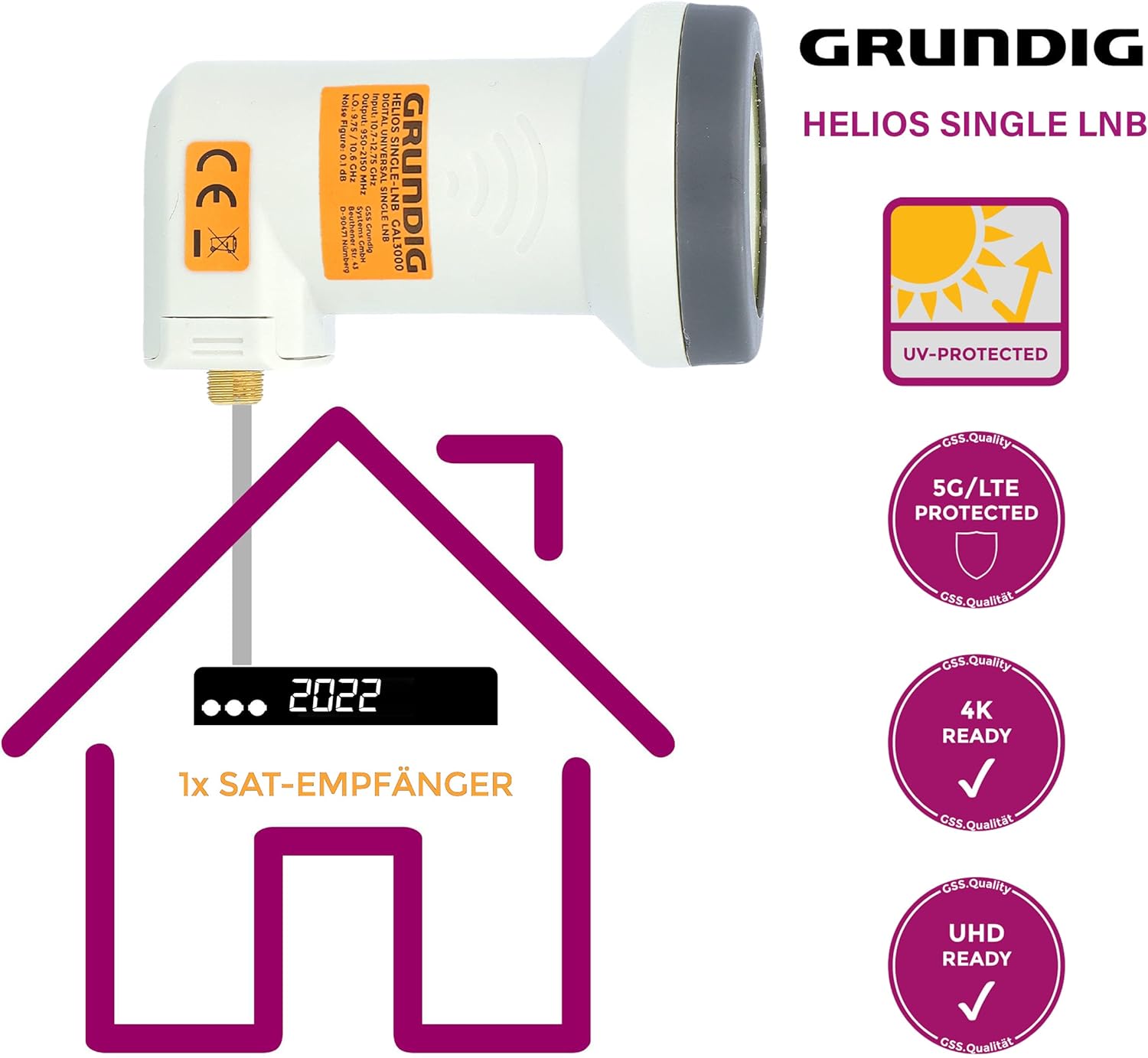 Detalle 2 de GSS Grundig Helios Single LNB (Single, 1 Teilnehmer) mit LTE-Abschirmung, Sun Protect & 2× F-Stecker