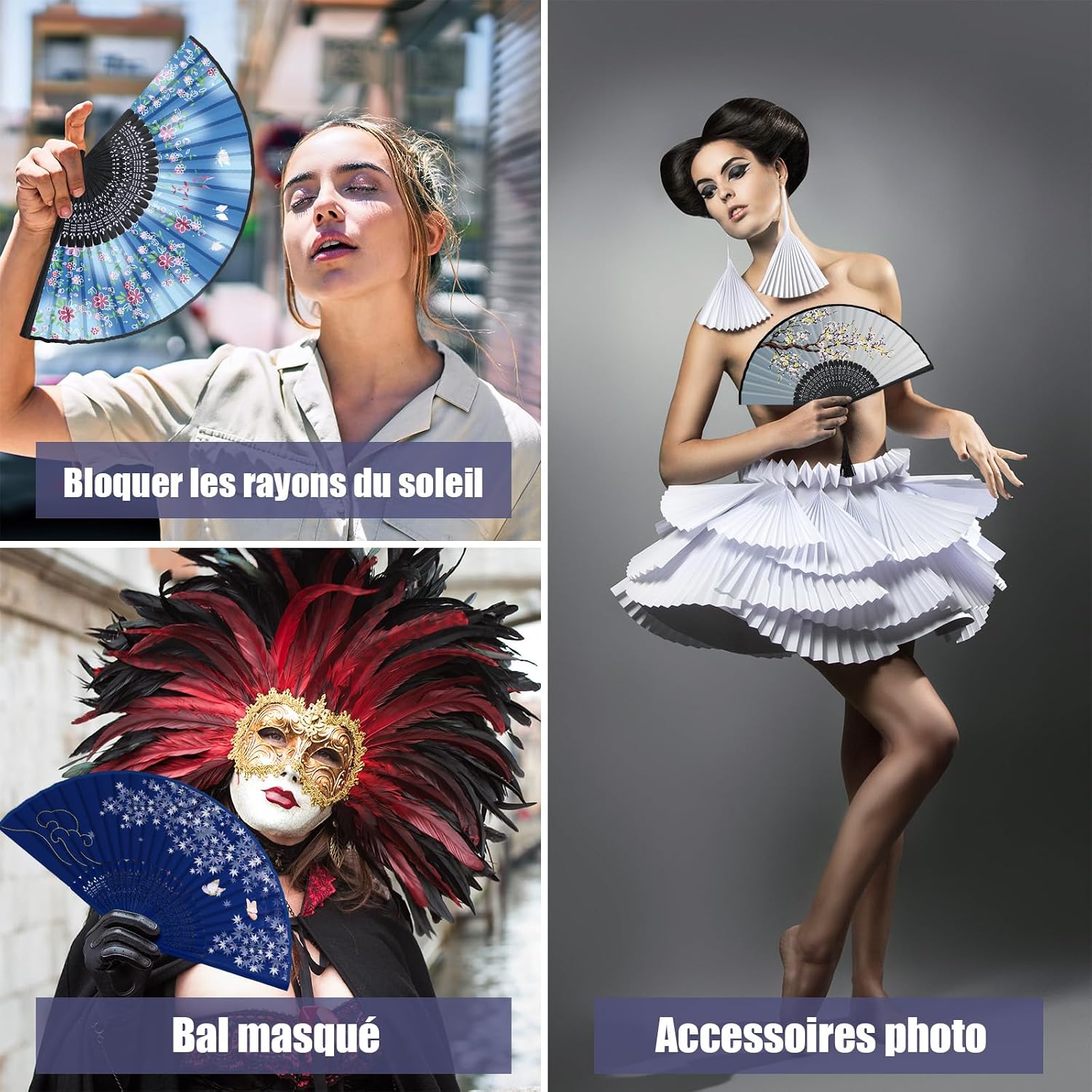 Thumbnail 6 de WEARXI Eventail – Lot de 4 éventails à main en bois et soie, pliants, décoratif