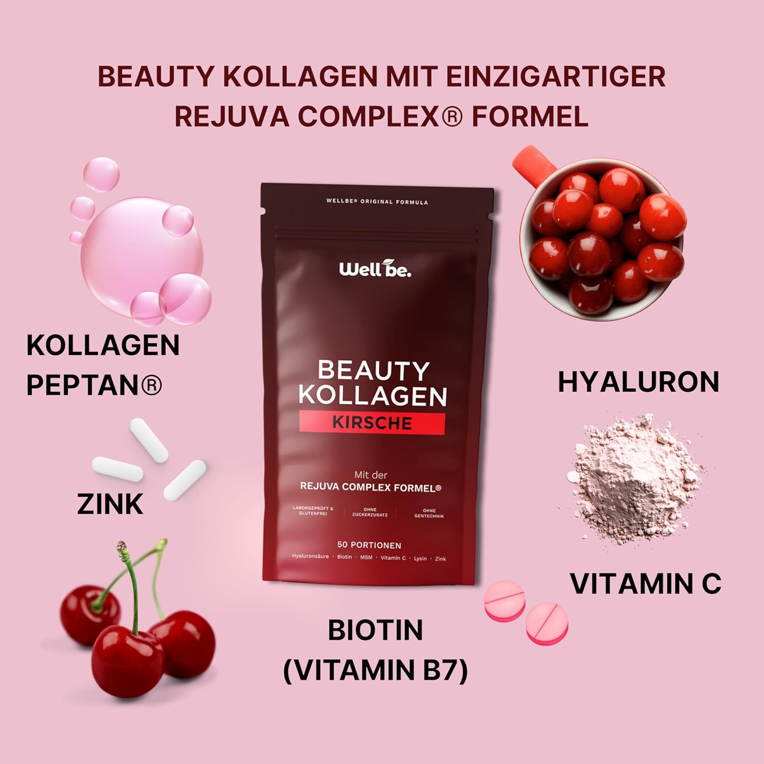 Thumbnail 4 de Wellbe Kollagen Pulver Kirsch – Hochdosierte Kollagen-Peptide mit Hyaluron, Biotin, Zink und Vitamin C (250 g) Made in Germany