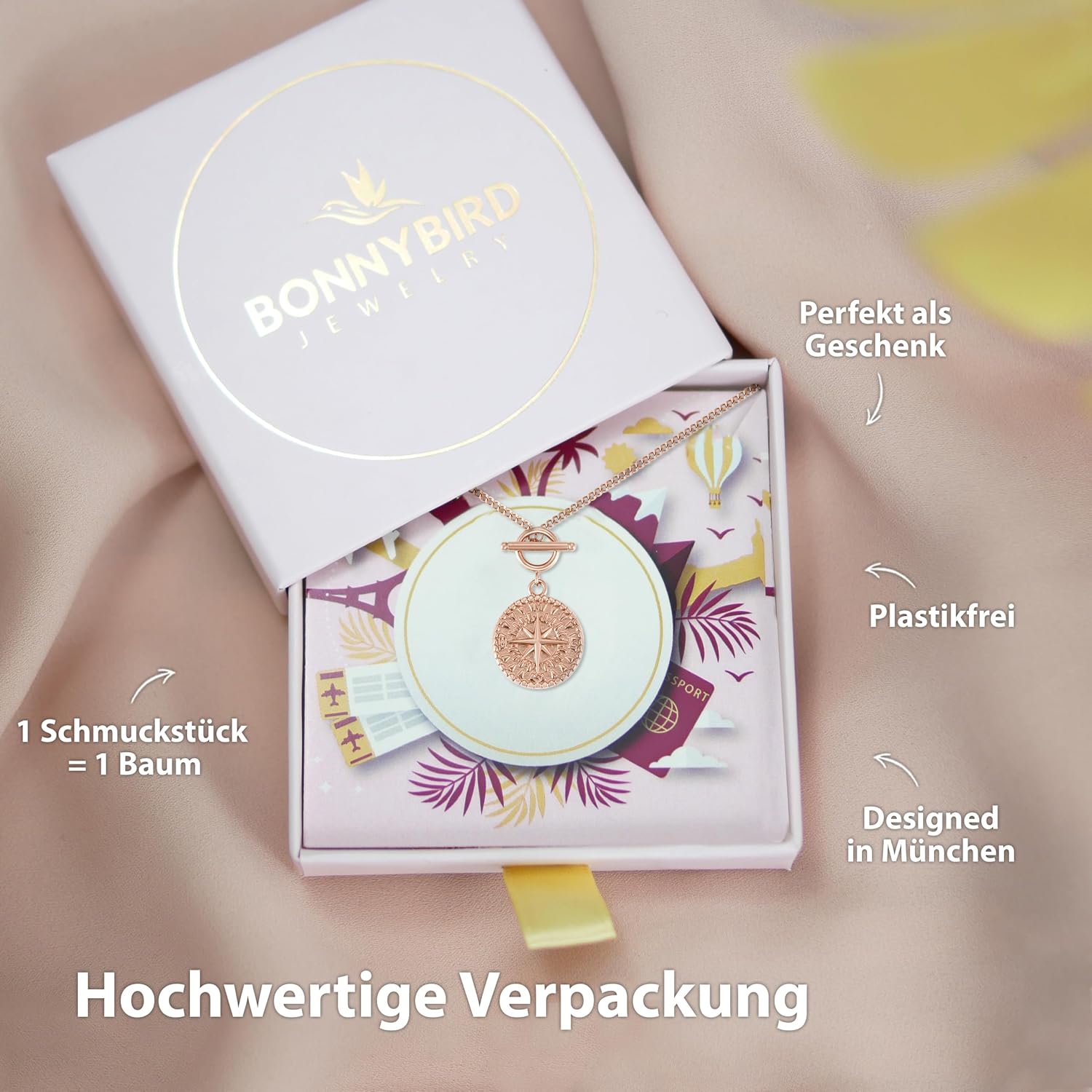 Detalle de BONNYBIRD BonnyCompass Wasserfeste Edelstahl-Kompasskette für Damen – 45–50 cm, silber/gold/roségold