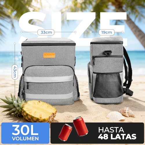 Detalle de Kiximay Mochila Nevera Isotérmica 30L: bolsa térmica impermeable para playa, camping y viajes