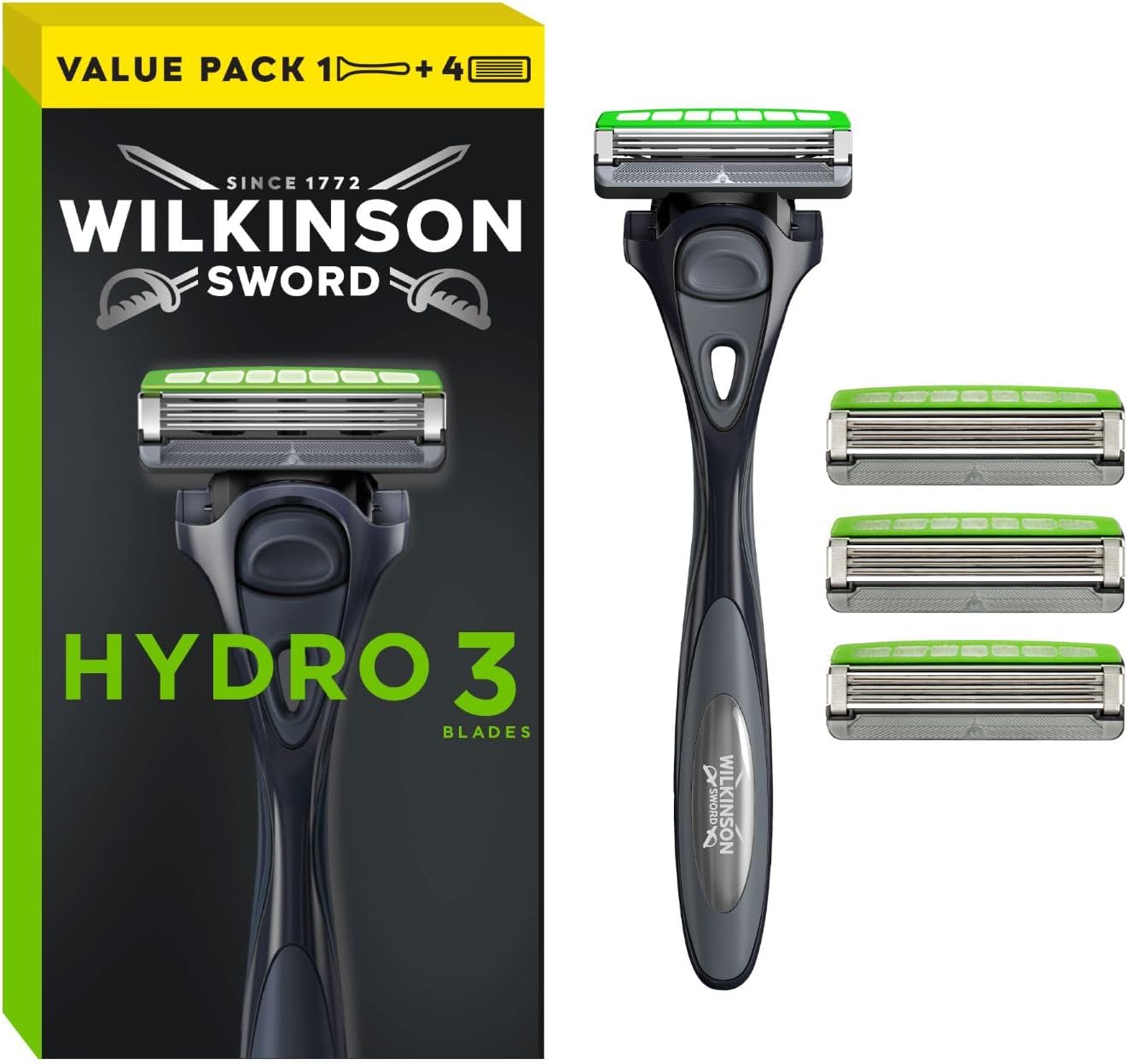 Detalle de Wilkinson Sword Hydro 3 Razor for Men with Carbon-Coated Blades, Hydrating Gel & Skin Guards – 5 Refills